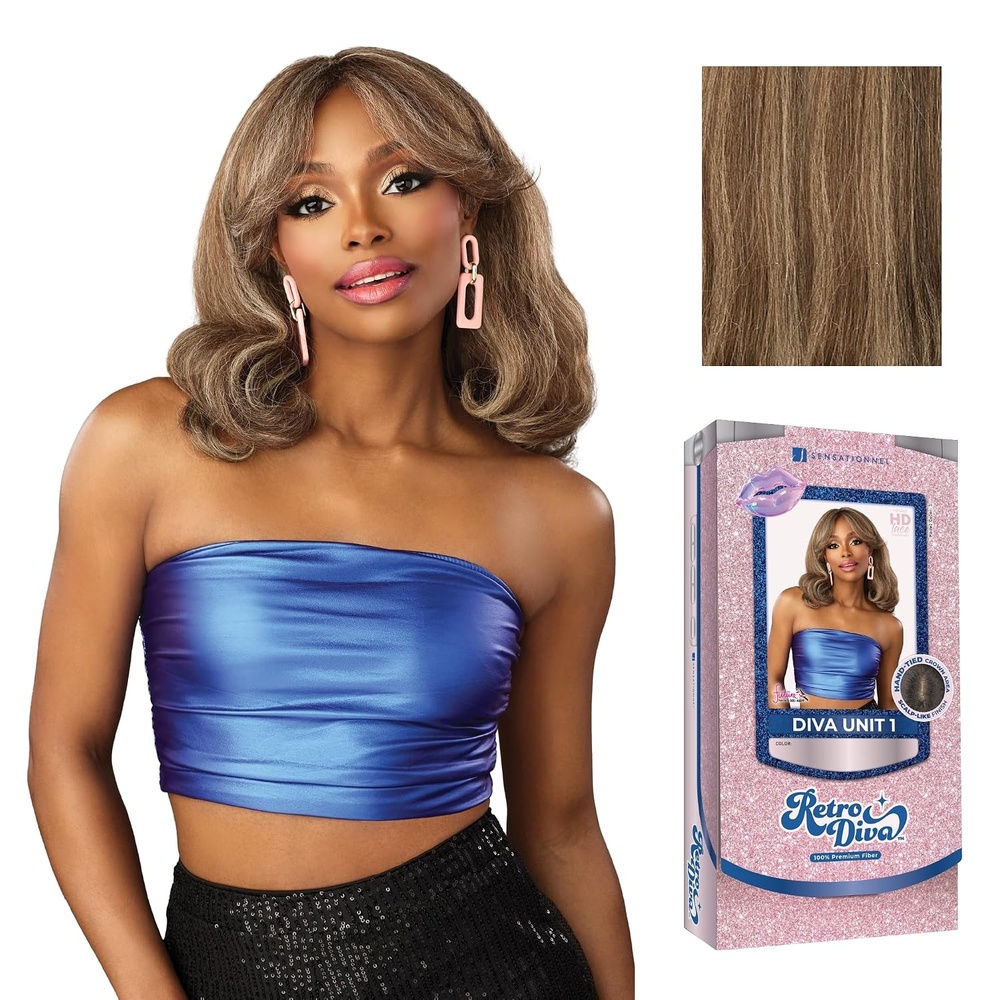 image:imageSensationnel Glamora Lace Crown Wig Retro Diva Unit 1 Hand Tied CrownArea Curved Ear Contour Synthetic Hair 1 JETBLACKCARAMELTHROWBACK