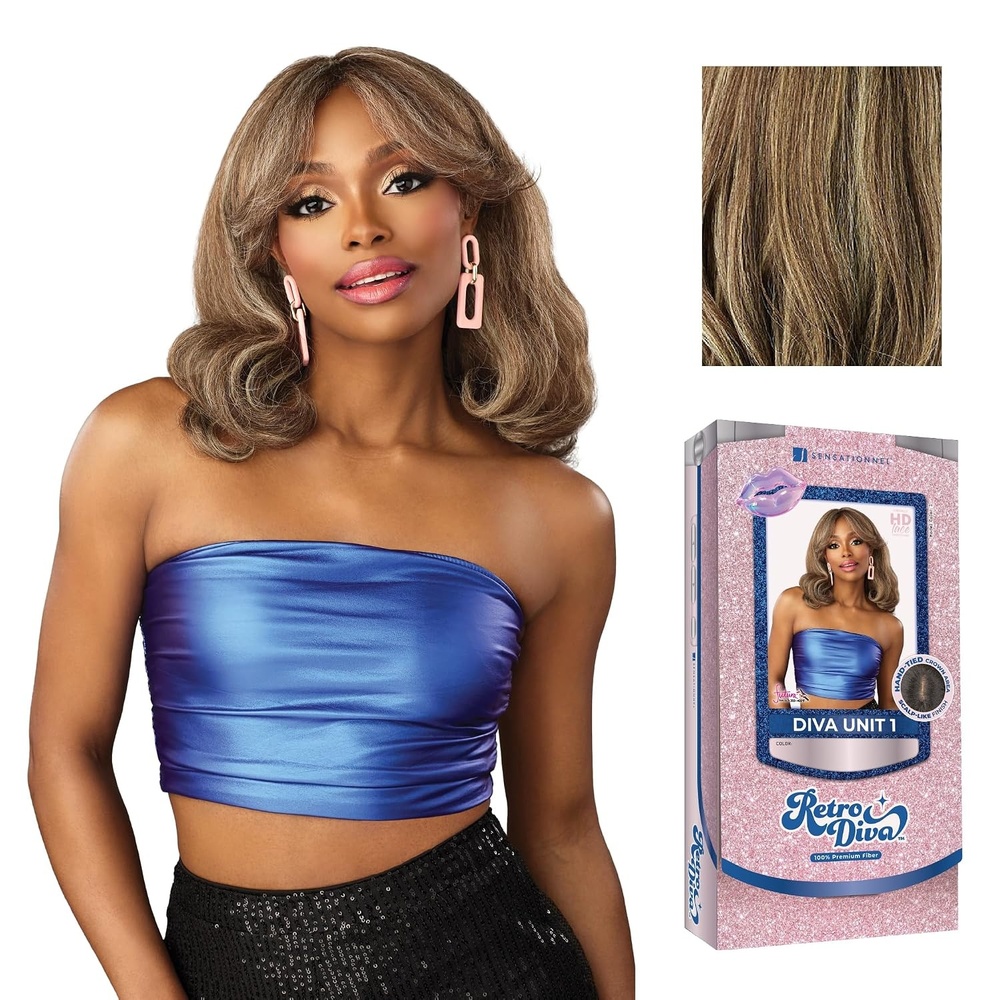 image:imageSensationnel Glamora Lace Crown Wig Retro Diva Unit 1 Hand Tied CrownArea Curved Ear Contour Synthetic Hair 1 JETBLACKFROSTEDVANILLA