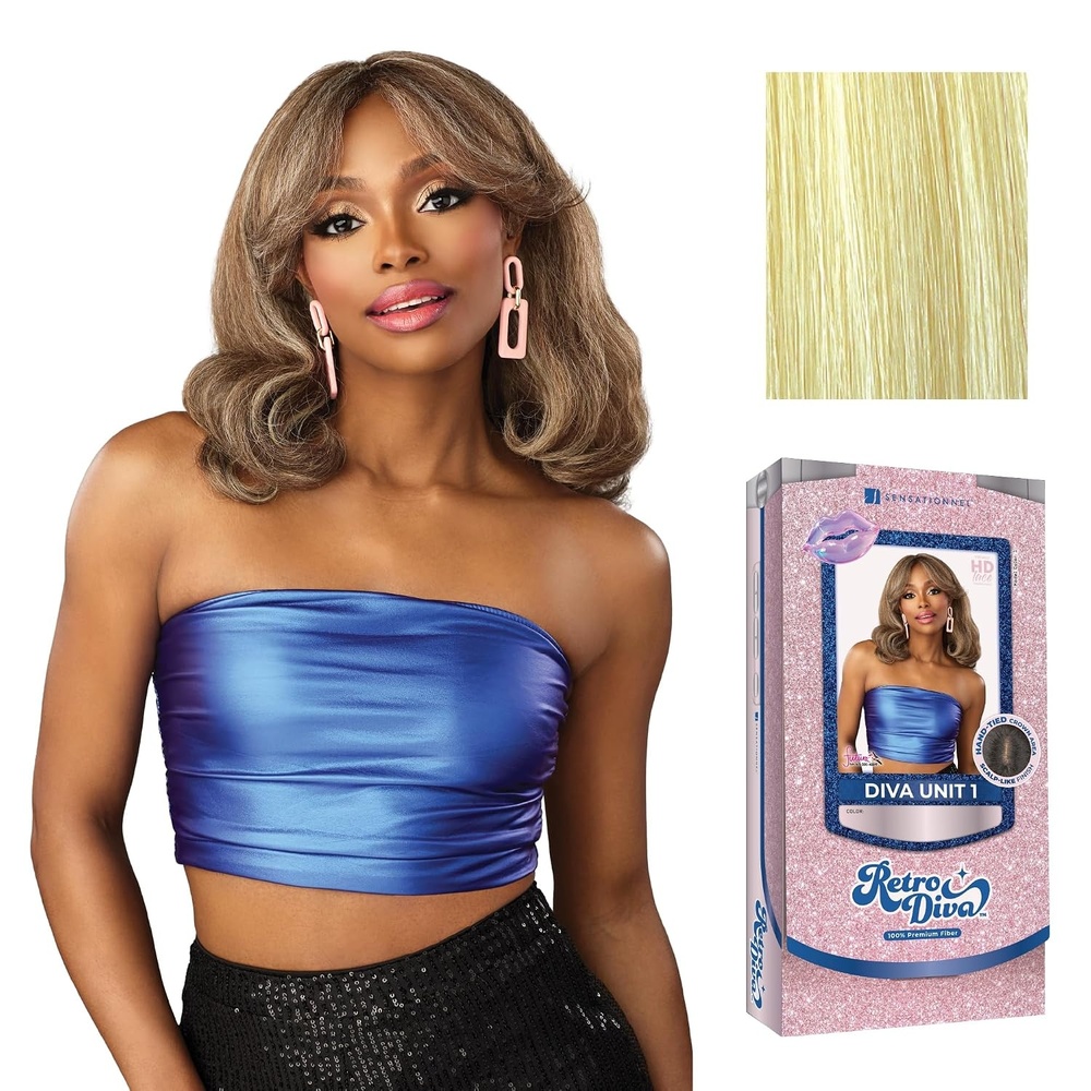 image:imageSensationnel Glamora Lace Crown Wig Retro Diva Unit 1 Hand Tied CrownArea Curved Ear Contour Synthetic Hair 1 JETBLACKPLATINUMFLASH