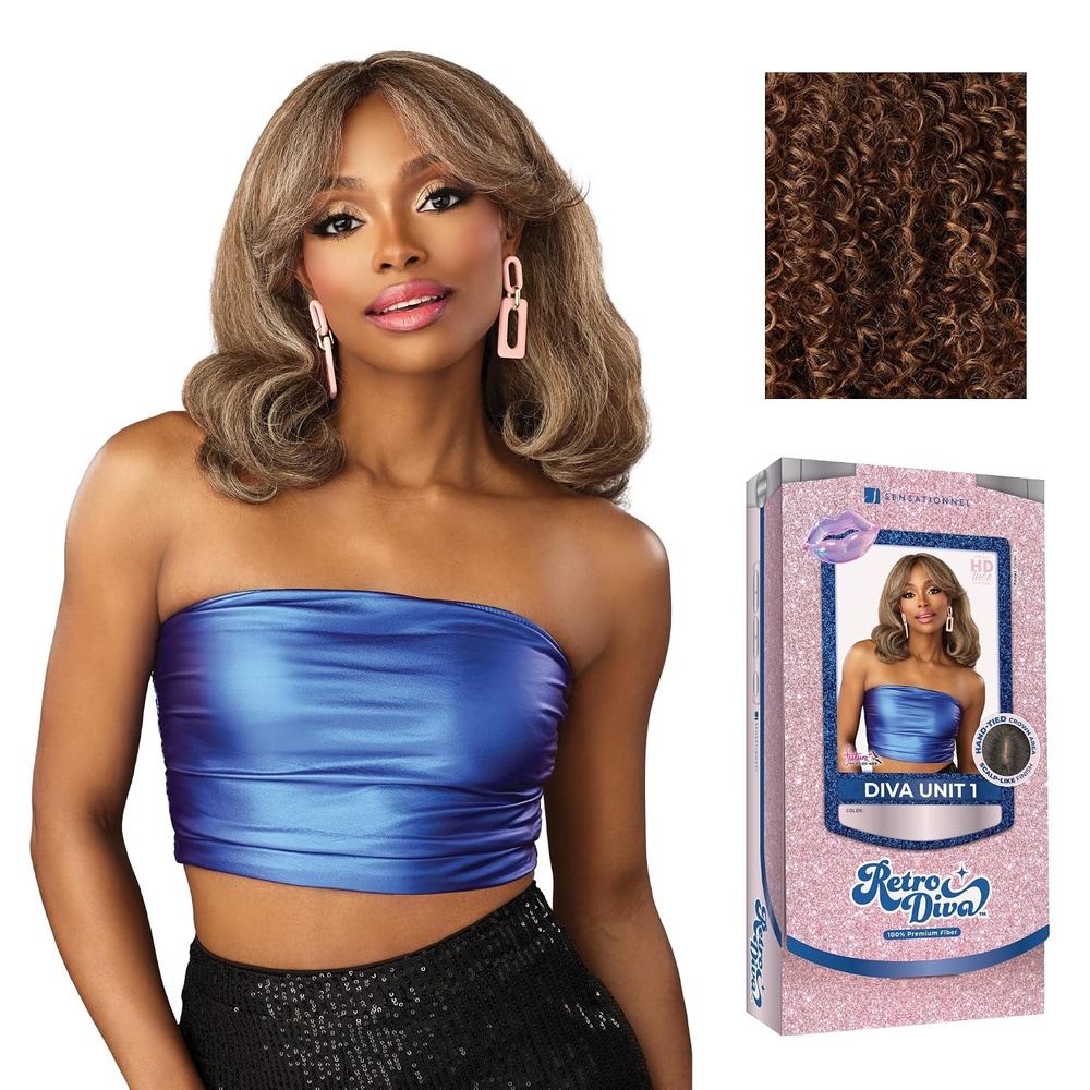 image:imageSensationnel Glamora Lace Crown Wig Retro Diva Unit 1 Hand Tied CrownArea Curved Ear Contour Synthetic Hair 1 JETBLACKSPICESTRIPE