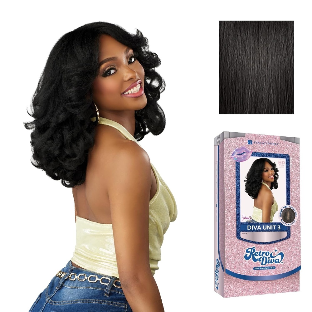 image:imageSensationnel Glamora Lace Crown Wig Retro Diva Unit 3 Hand Tied CrownArea Curved Ear Contour Synthetic Hair 1 JETBLACK1B OFFBLACK