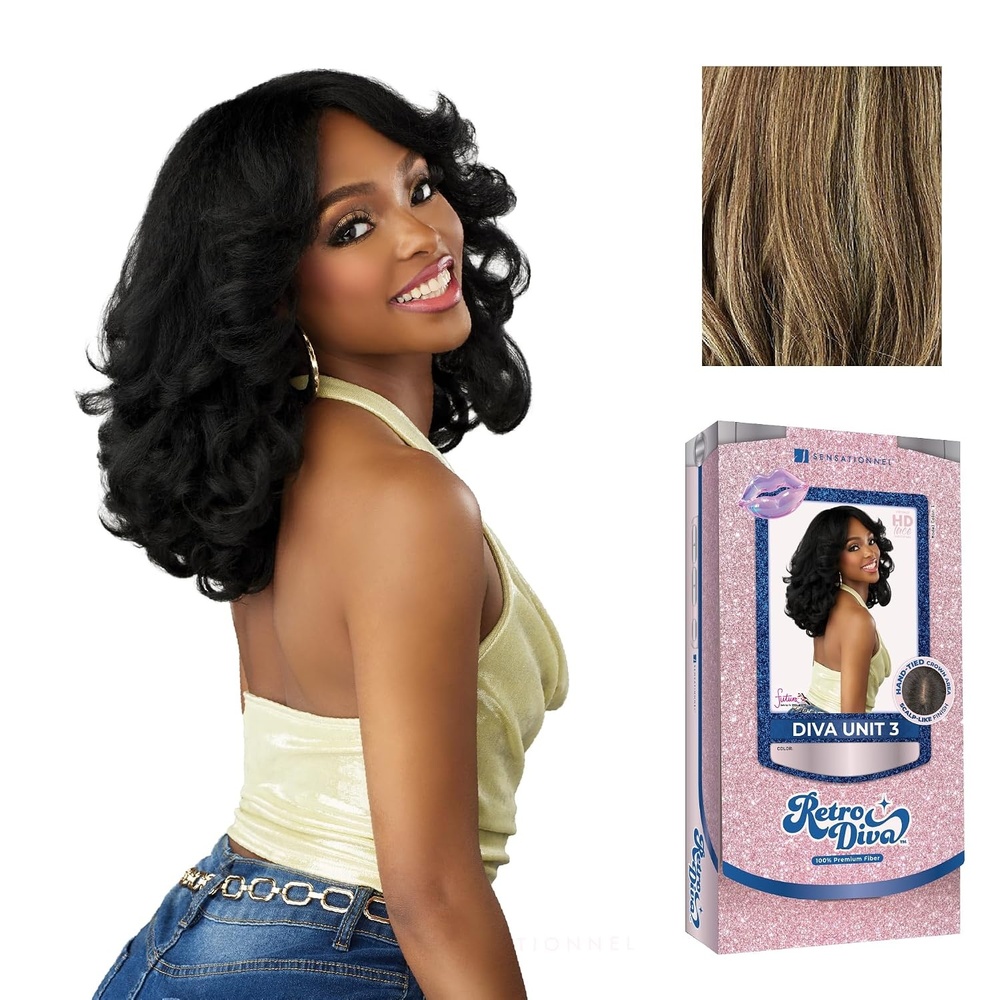 image:imageSensationnel Glamora Lace Crown Wig Retro Diva Unit 3 Hand Tied CrownArea Curved Ear Contour Synthetic Hair 1 JETBLACKFROSTEDVANILLA