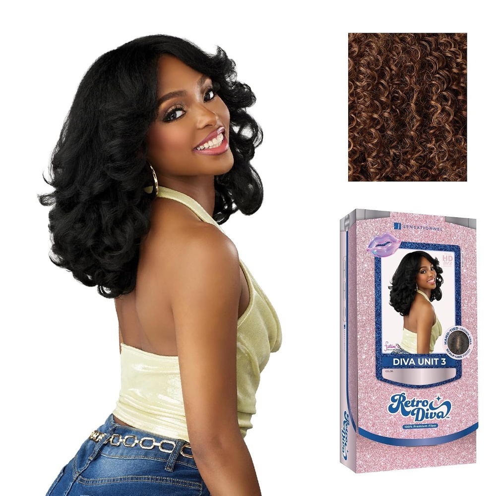 image:imageSensationnel Glamora Lace Crown Wig Retro Diva Unit 3 Hand Tied CrownArea Curved Ear Contour Synthetic Hair 1 JETBLACKSPICESTRIPE