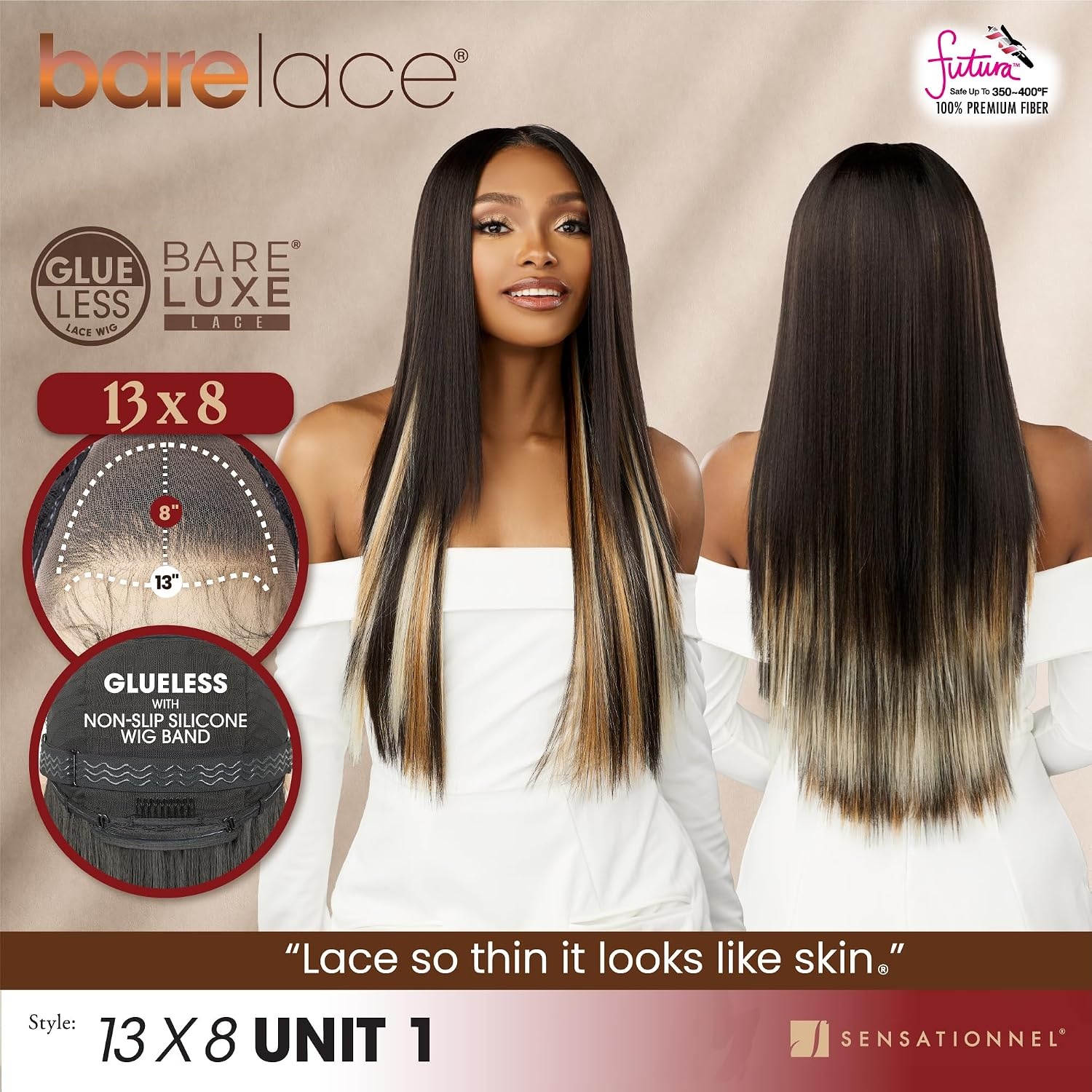 image:imageSensationnel Barelace 13x8 LaceWig Unit 1 1 JETBLACK Lace Front Synthetic Glueless 180 Degree PrePlucked Hairline613 BLONDE