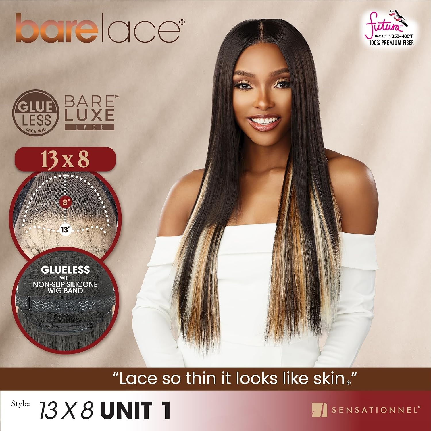 image:imageSensationnel Barelace 13x8 LaceWig Unit 1 1 JETBLACK Lace Front Synthetic Glueless 180 Degree PrePlucked Hairline613 BLONDE