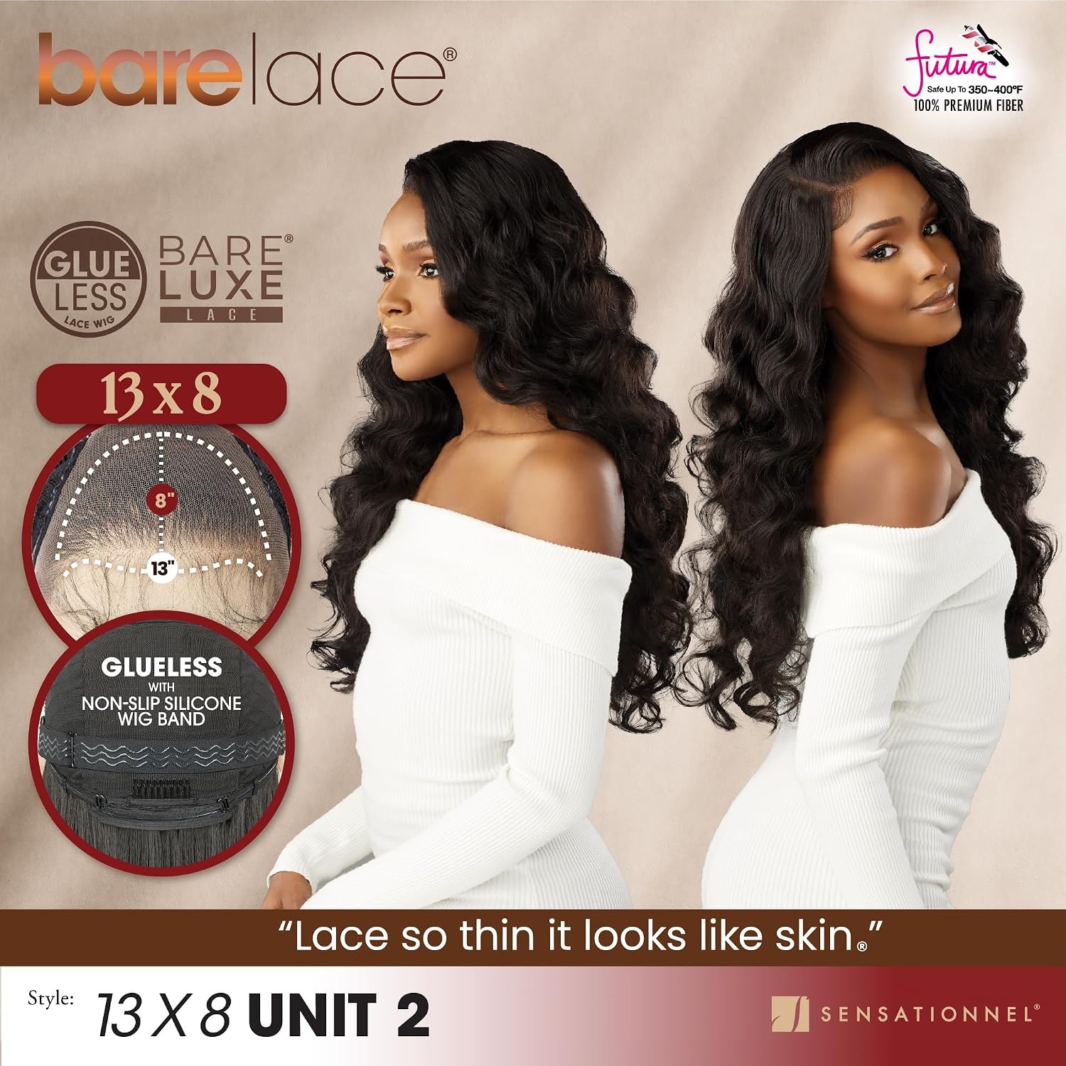 image:imageSensationnel Barelace 13x8 LaceWig Unit 2 1 JETBLACK Lace Front Synthetic Glueless 180 Degree PrePlucked Hairline1B OFFBLACK