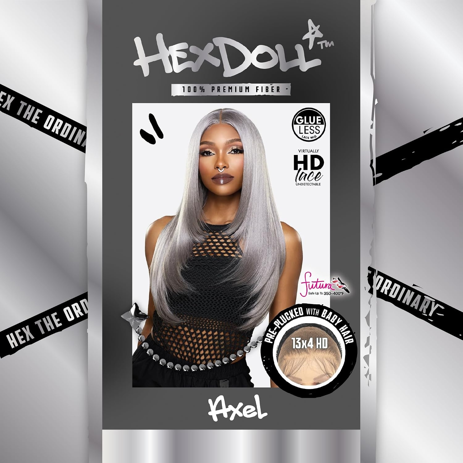 image:imageSensationnel Hexdoll 13x4 LaceWig Axel 1 JETBLACK Lace Front Synthetic Glueless Natural Density PrePlucked HairlineOXIDIZEDSILVER