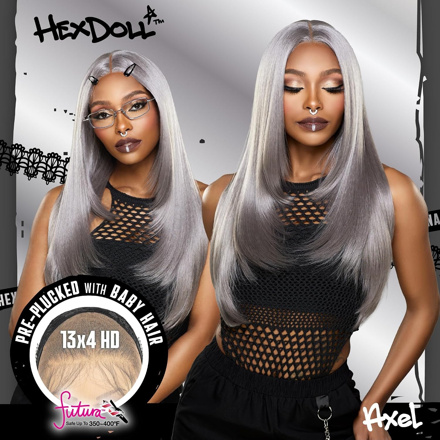 image:imageSensationnel Hexdoll 13x4 LaceWig Axel 1 JETBLACK Lace Front Synthetic Glueless Natural Density PrePlucked HairlinePEARLBLONDE