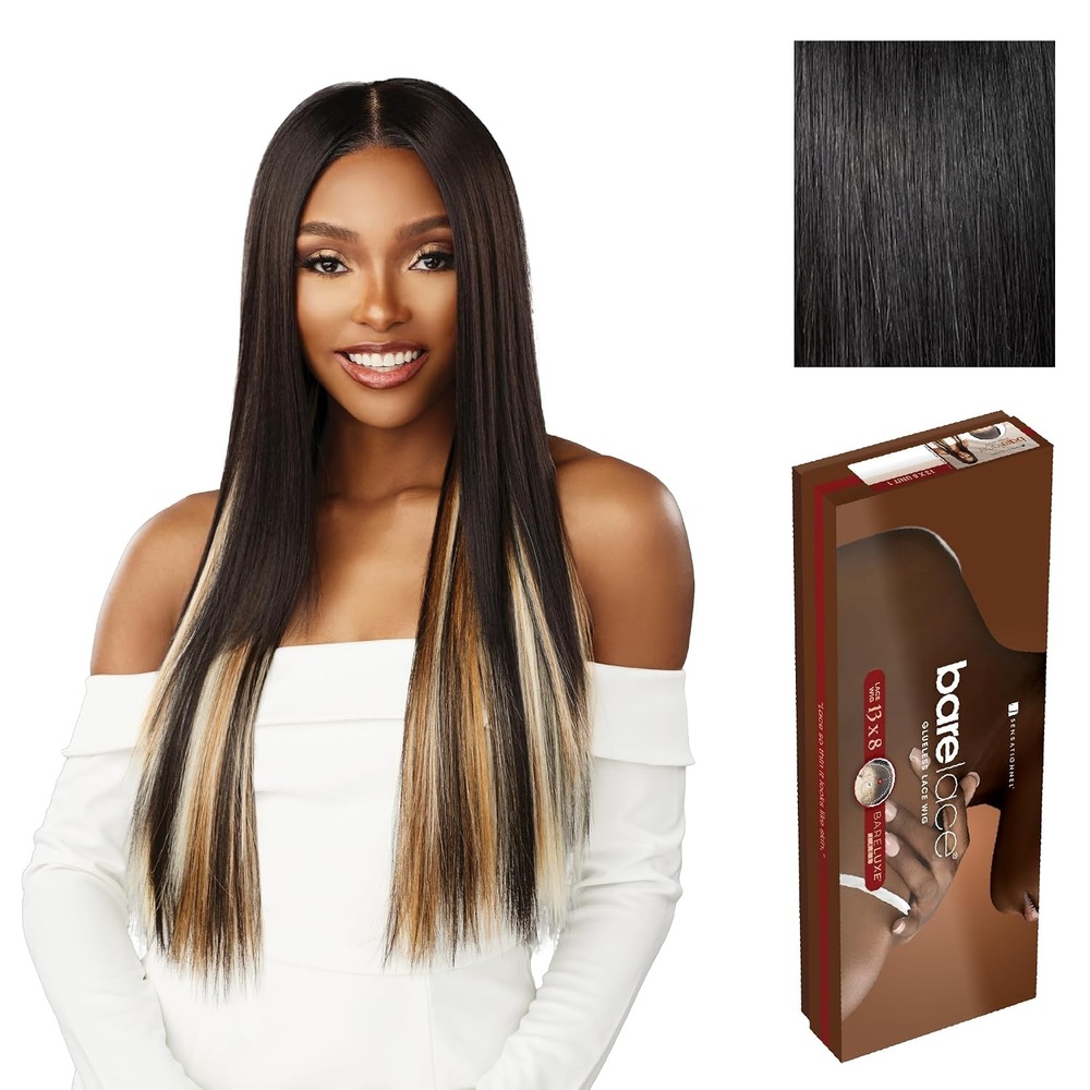 image:imageSensationnel Barelace 13x8 LaceWig  Unit 1  1 JETBLACK Lace Front Synthetic Glueless 180 Degree PrePlucked Hairline1 JETBLACK