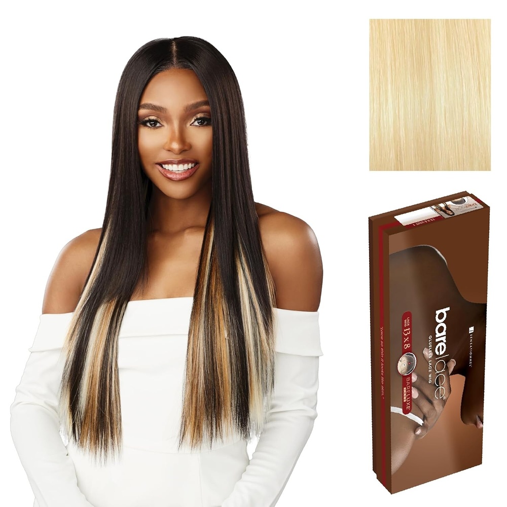 image:imageSensationnel Barelace 13x8 LaceWig Unit 1 1 JETBLACK Lace Front Synthetic Glueless 180 Degree PrePlucked Hairline613 BLONDE