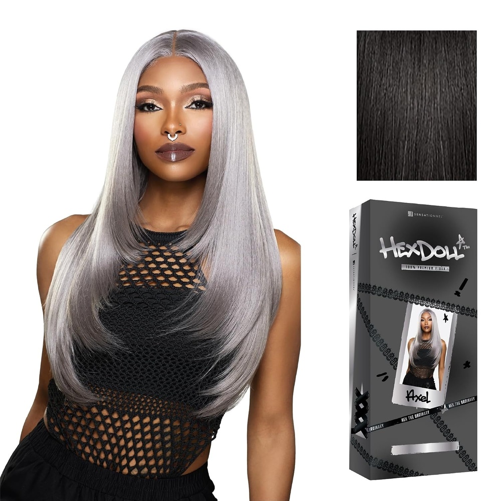 image:imageSensationnel Hexdoll 13x4 LaceWig  Axel  1 JETBLACK Lace Front Synthetic Glueless Natural Density PrePlucked Hairline1B OFFBLACK