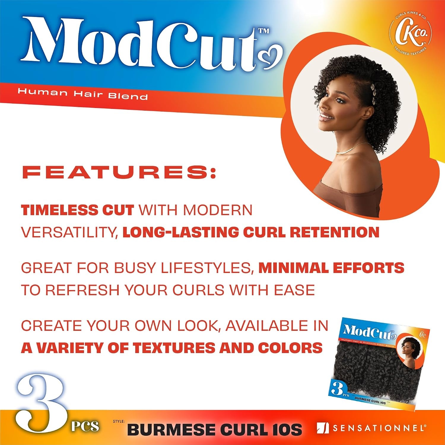 image:imageSensationnel CKCO ModCut 3pcs Bundles Burmese Curl 10S1 JETBLACK Curls kinks and coHuman Hair Blend Quick Weave Hair Extensions Long Lasting Effortless StyleM51