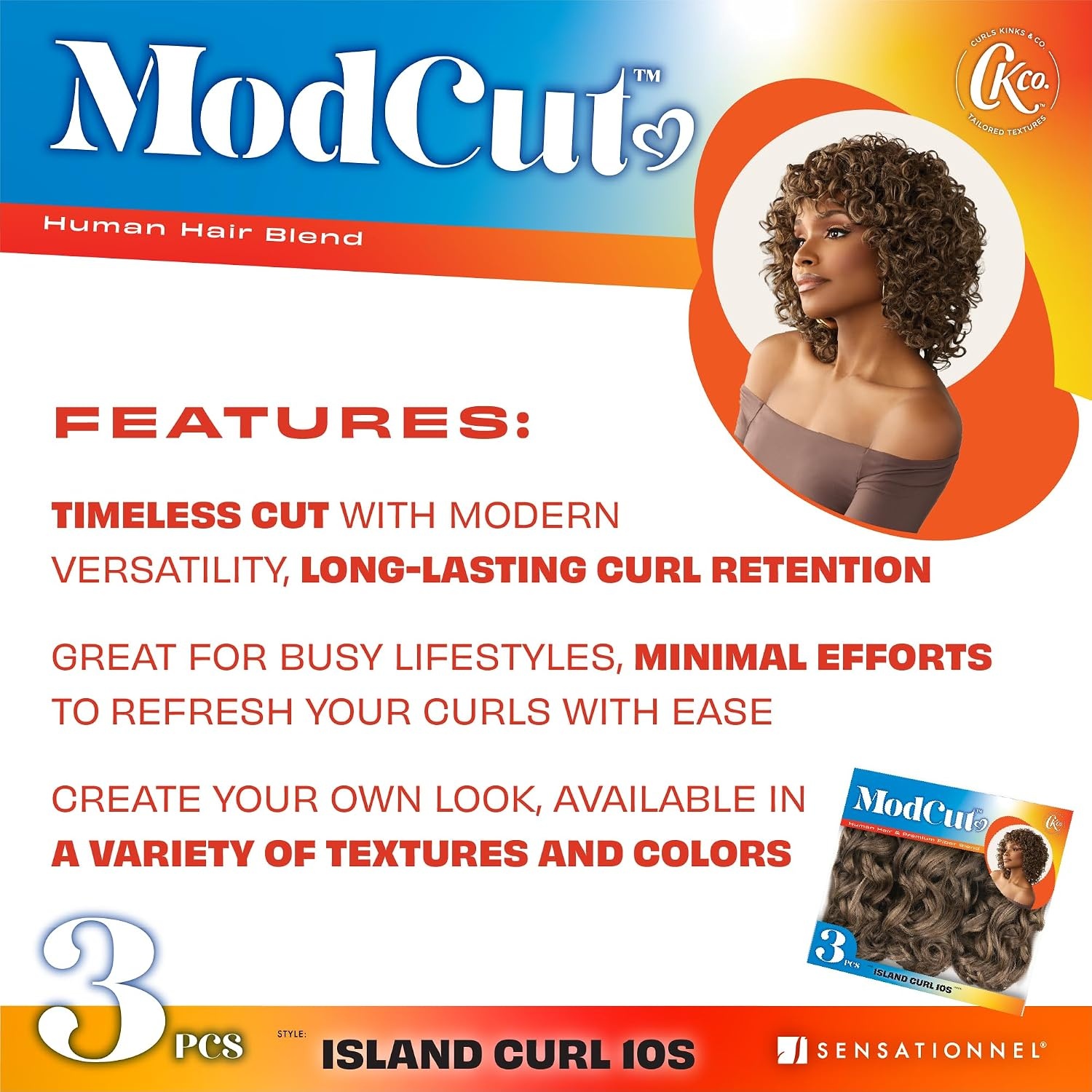 image:imageSensationnel CKCO ModCut 3pcs Bundles Island Curl 10S1 JETBLACK Curls kinks and coHuman Hair Blend Quick Weave Hair Extensions Long Lasting Effortless Style1B OFFBLACK