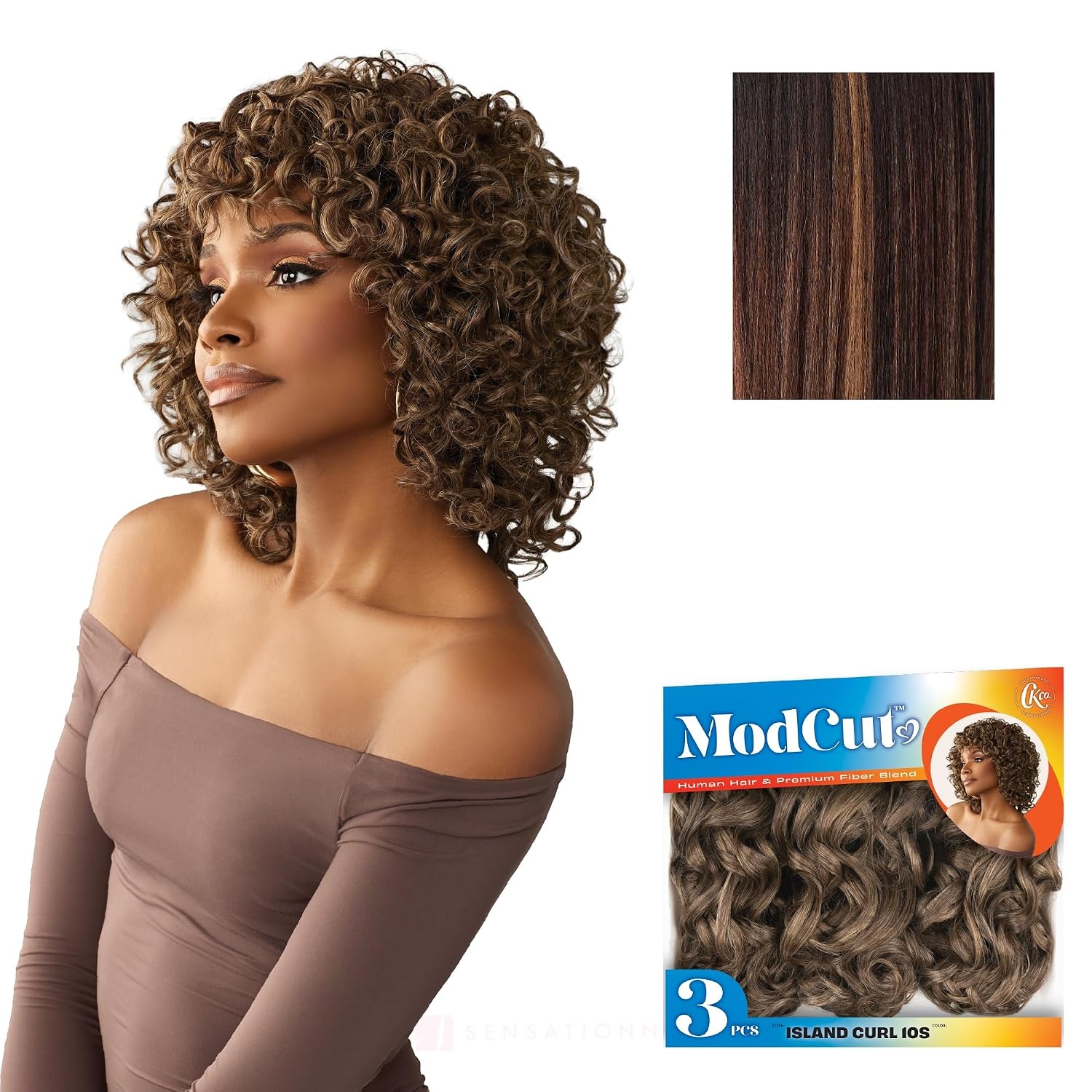 image:imageSensationnel CKCO ModCut 3pcs Bundles Island Curl 10S1 JETBLACK Curls kinks and coHuman Hair Blend Quick Weave Hair Extensions Long Lasting Effortless StyleBALAYAGECHOCOLATE