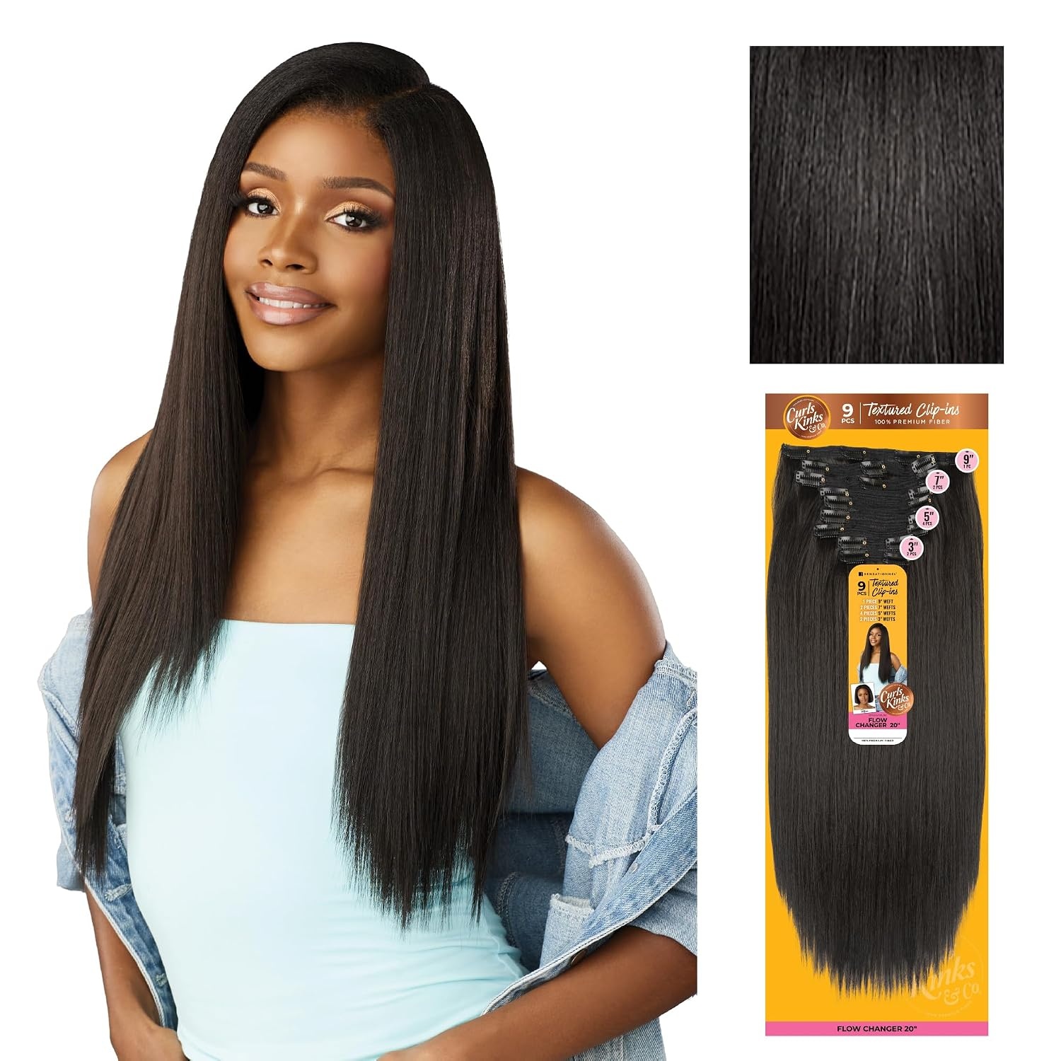 image:imageSensationnel Curls Kinksandco Clip inFlow Changer14 inch 1 JETBLACK Synthetic 9Piece ClipIn Set EasytoUse Clips Natural 3C4C Hair1B OFFBLACK