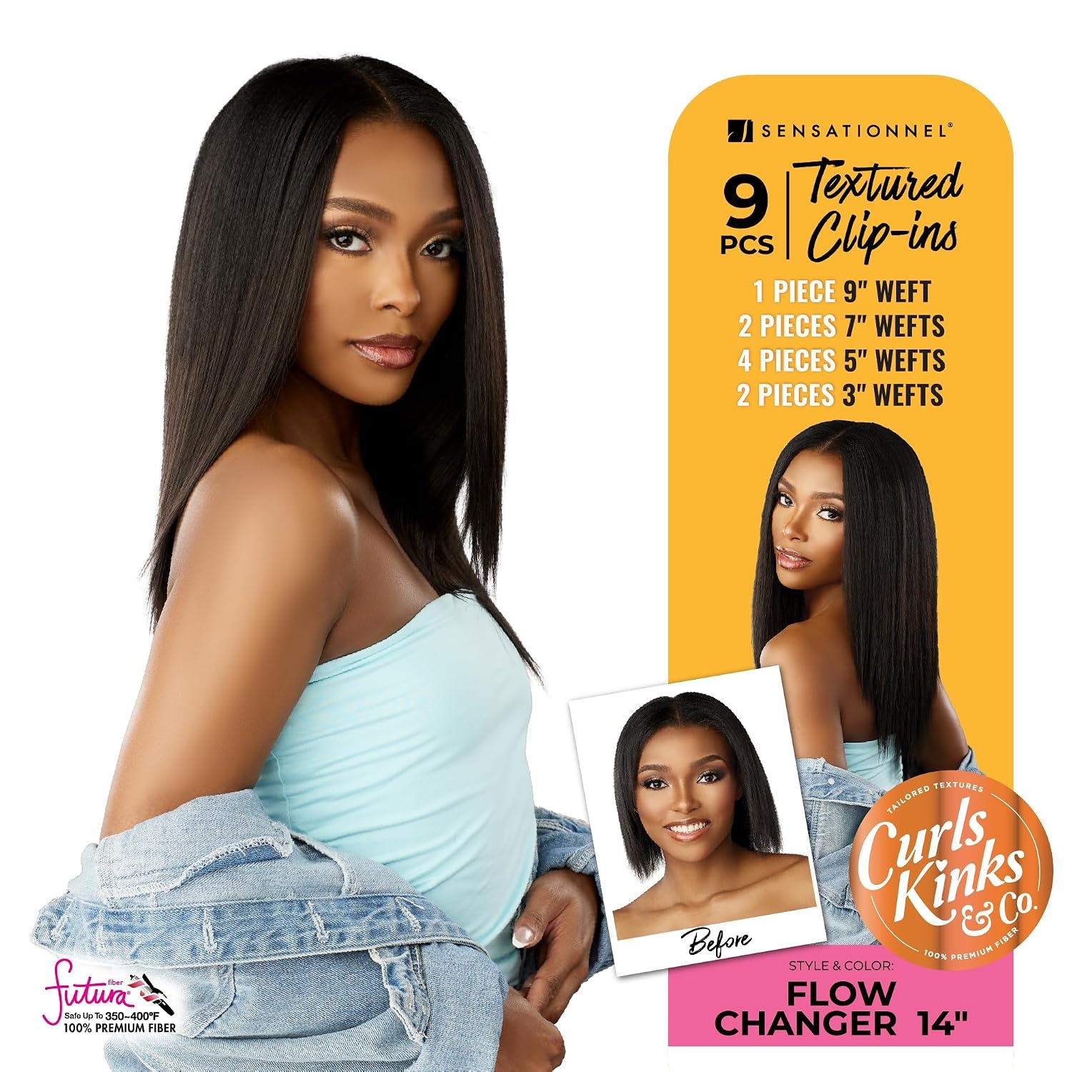 image:imageSensationnel Curls Kinksandco Clip inFlow Changer14 inch 1 JETBLACK Synthetic 9Piece ClipIn Set EasytoUse Clips Natural 3C4C Hair2 DARKBROWN