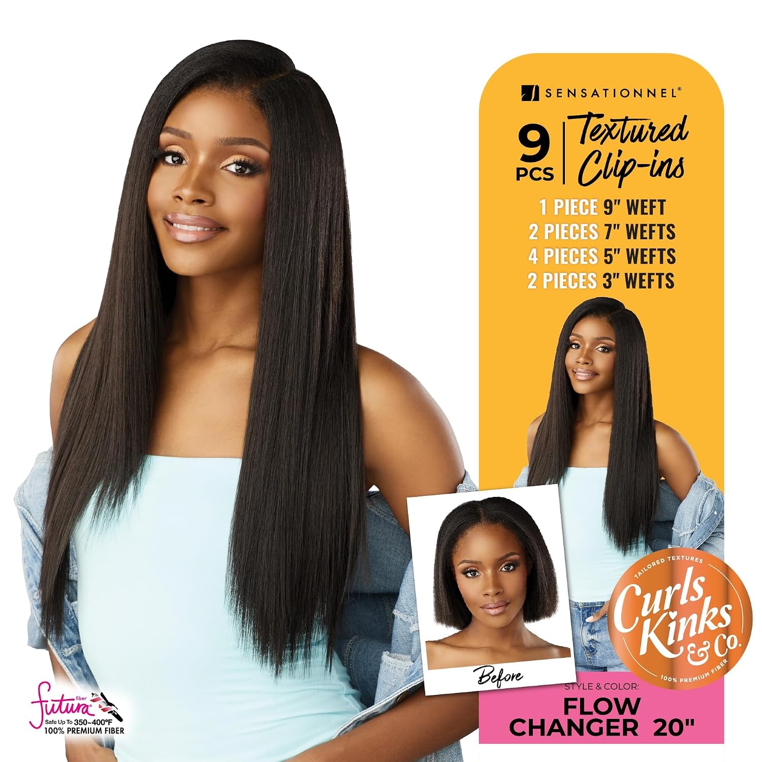 image:imageSensationnel Curls Kinksandco Clip inFlow Changer14 inch 1 JETBLACK Synthetic 9Piece ClipIn Set EasytoUse Clips Natural 3C4C Hair4 MEDBROWN