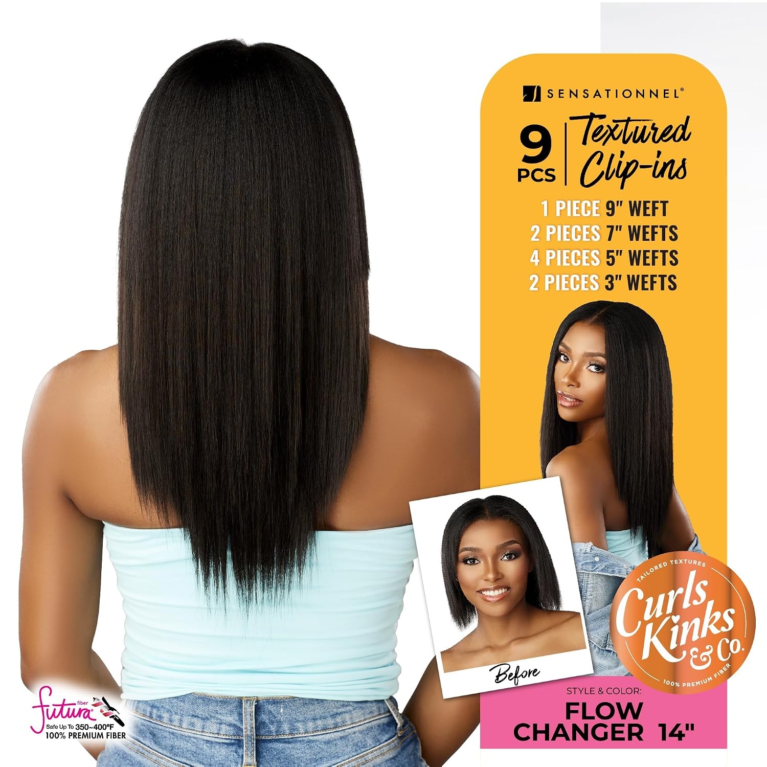 image:imageSensationnel Curls Kinksandco Clip inFlow Changer14 inch 1 JETBLACK Synthetic 9Piece ClipIn Set EasytoUse Clips Natural 3C4C Hair4 MEDBROWN
