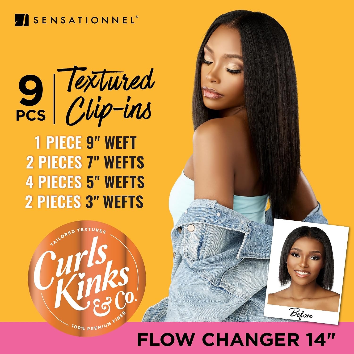 image:imageSensationnel Curls Kinksandco Clip inFlow Changer14 inch 1 JETBLACK Synthetic 9Piece ClipIn Set EasytoUse Clips Natural 3C4C HairS1B30