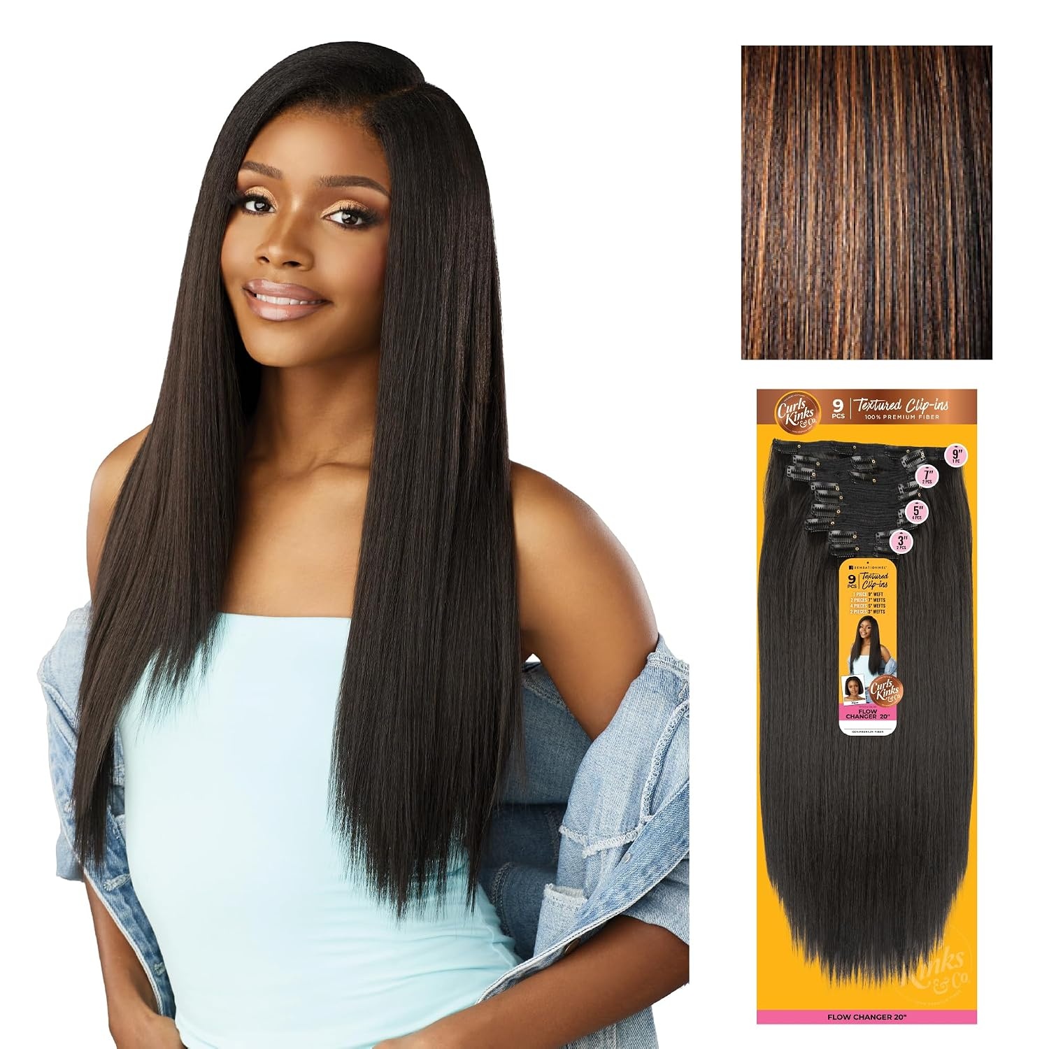 image:imageSensationnel Curls Kinksandco Clip inFlow Changer14 inch 1 JETBLACK Synthetic 9Piece ClipIn Set EasytoUse Clips Natural 3C4C HairS1B30