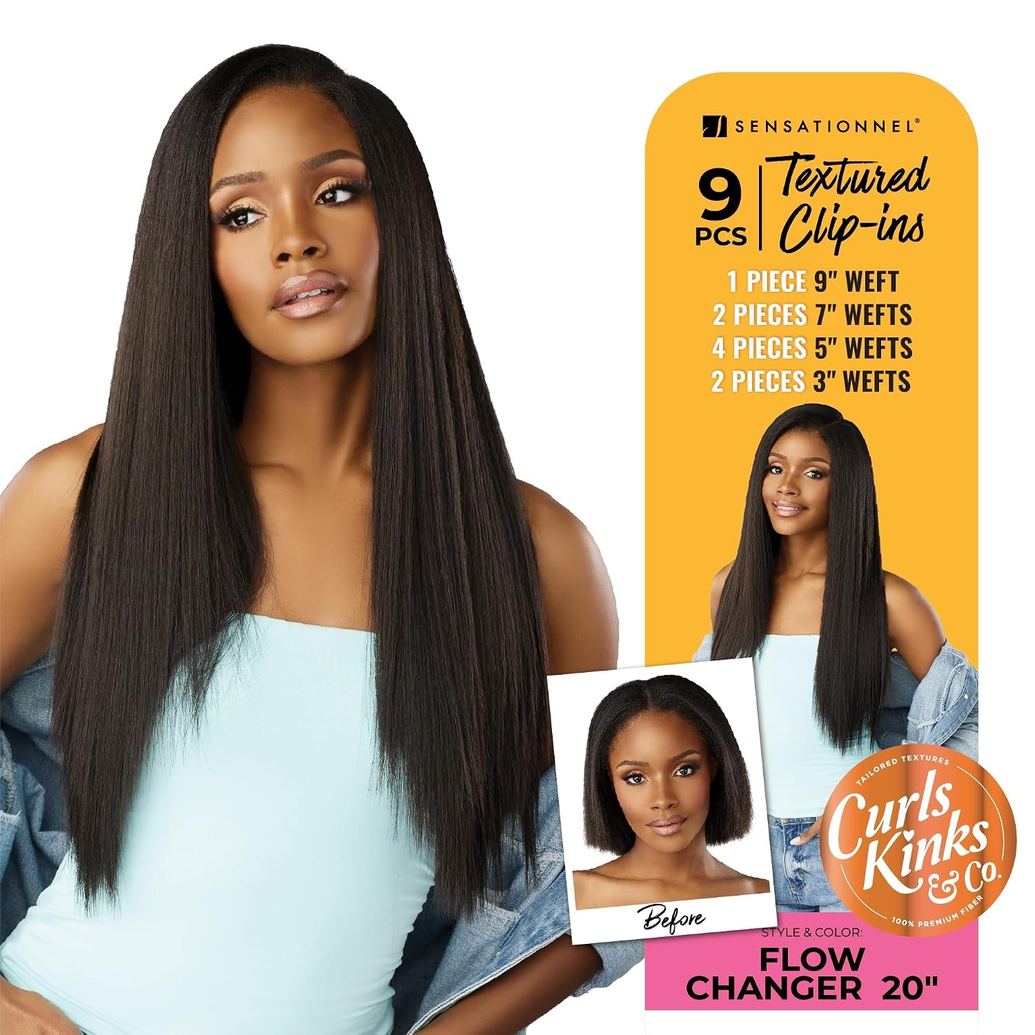 image:imageSensationnel Curls Kinksandco Clip inFlow Changer14 inch 1 JETBLACK Synthetic 9Piece ClipIn Set EasytoUse Clips Natural 3C4C HairS1B30
