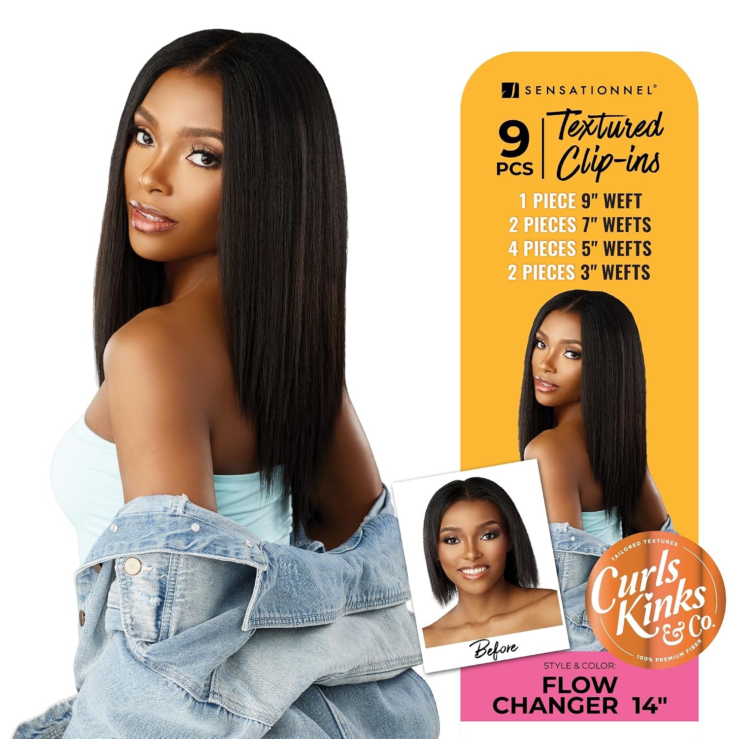 image:imageSensationnel Curls Kinksandco Clip inFlow Changer14 inch 1 JETBLACK Synthetic 9Piece ClipIn Set EasytoUse Clips Natural 3C4C HairS1B30