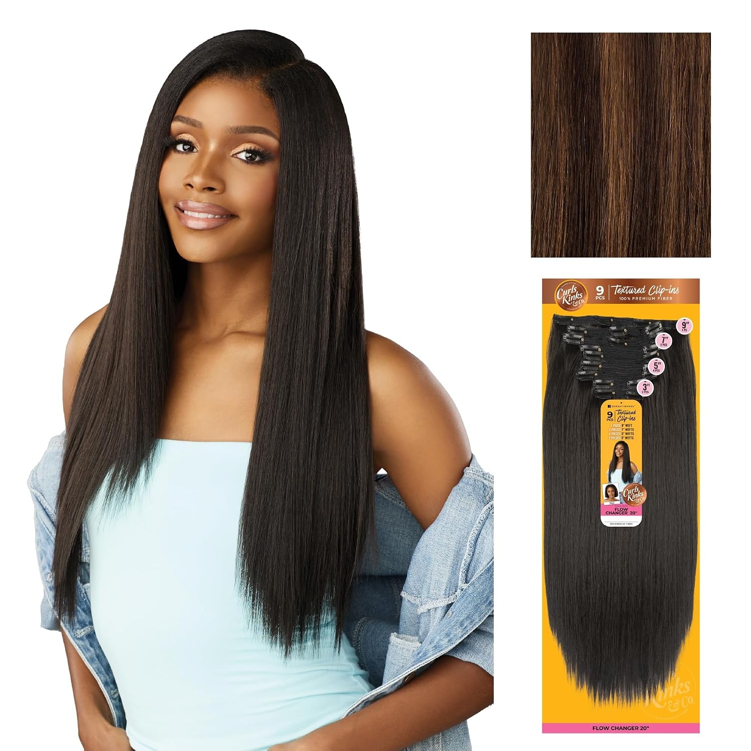 image:imageSensationnel Curls Kinksandco Clip inFlow Changer14 inch 1 JETBLACK Synthetic 9Piece ClipIn Set EasytoUse Clips Natural 3C4C HairS430