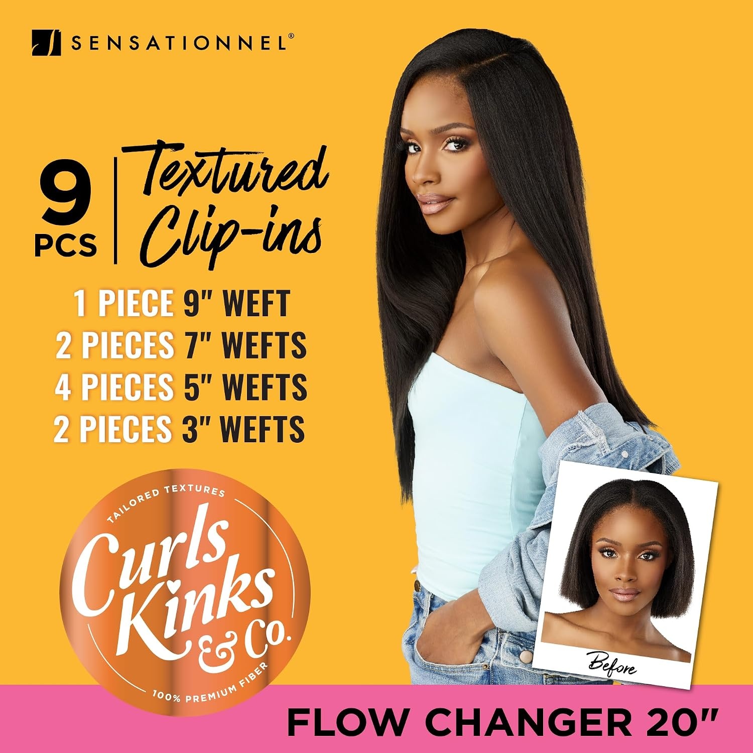 image:imageSensationnel Curls Kinksandco Clip inFlow Changer14 inch 1 JETBLACK Synthetic 9Piece ClipIn Set EasytoUse Clips Natural 3C4C HairS430