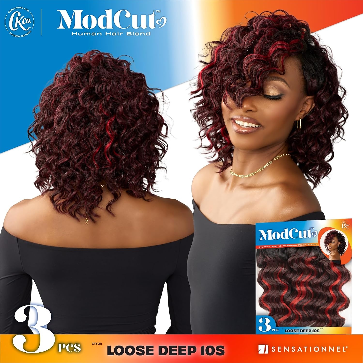 image:imageSensationnel Curls Kinksandco ModCut 3pcs BundlesLoose Deep 10S1 JETBLACK Human Hair Blend Quick Weave Hair Extensions Long Lasting Effortless StyleM44