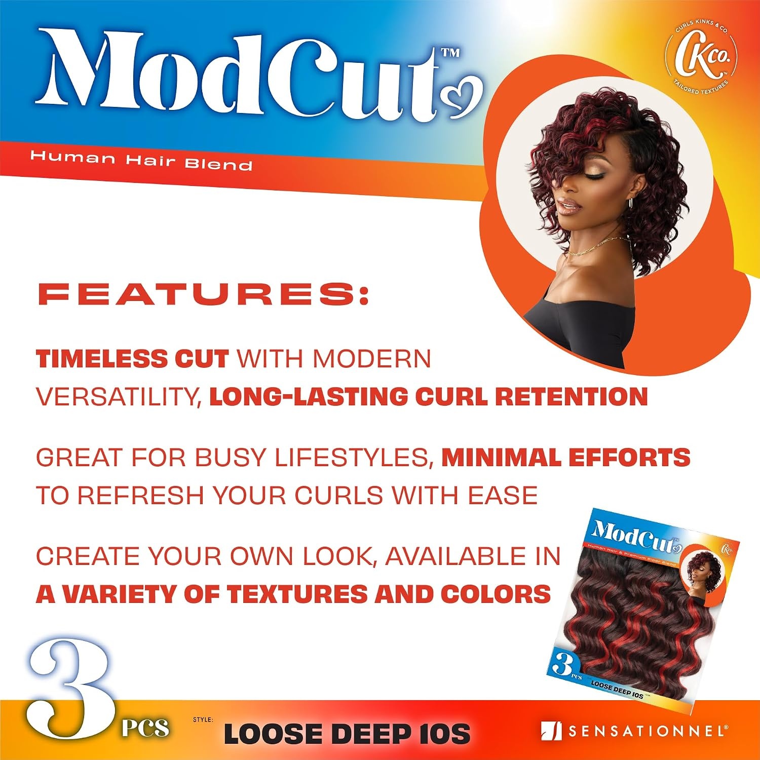 image:imageSensationnel Curls Kinksandco ModCut 3pcs BundlesLoose Deep 10S1 JETBLACK Human Hair Blend Quick Weave Hair Extensions Long Lasting Effortless StyleM44