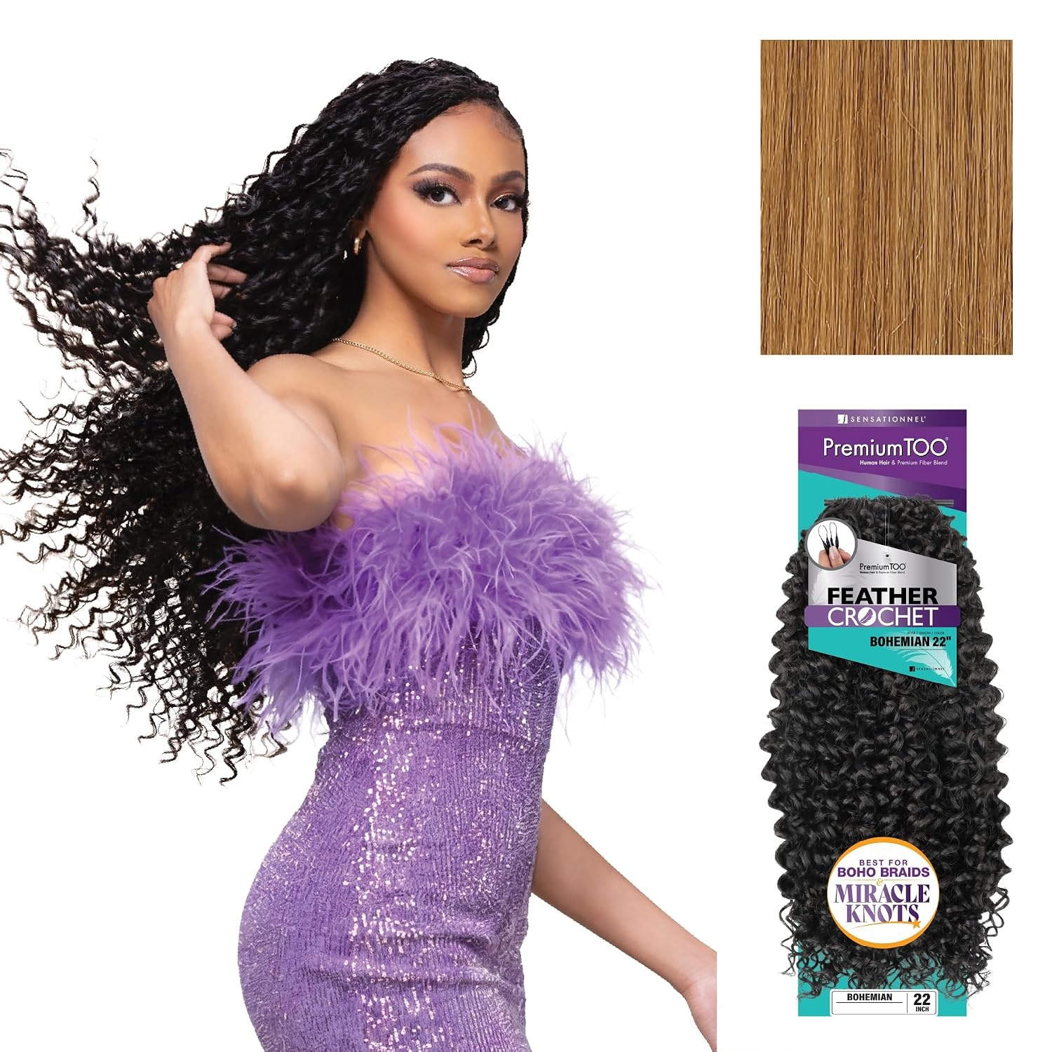 image:imageSensationnel PremiumToo Feather Crochet BraidsBohemian14in 1 JETBLACK Braiding hairHuman Hair Blend for Boho braids for Miracle knots PreSeparated Strands Easy Install 50 Strands27 HONEYBLONDE