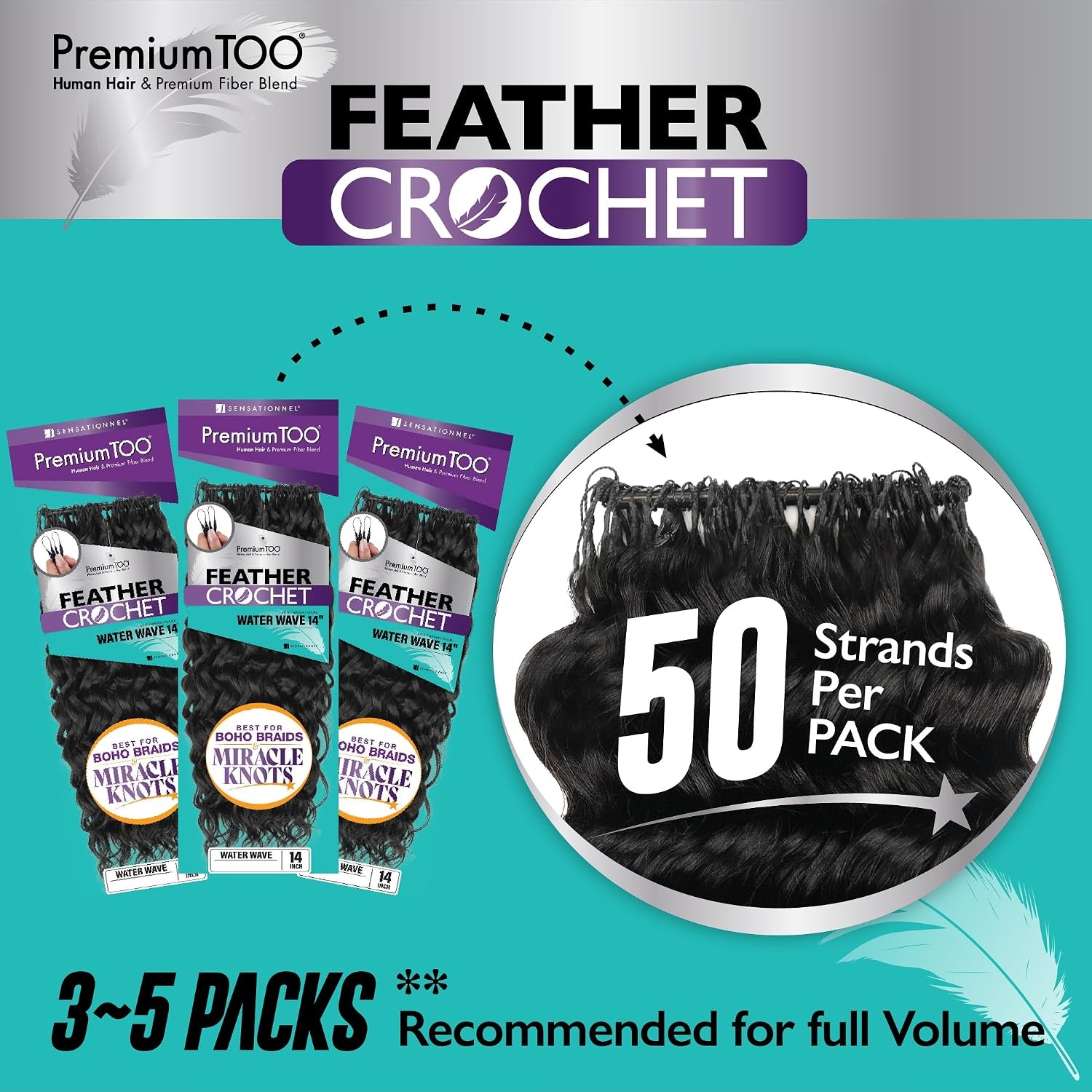 image:imageSensationnel PremiumToo Feather Crochet BraidsBohemian14in 1 JETBLACK Braiding hairHuman Hair Blend for Boho braids for Miracle knots PreSeparated Strands Easy Install 50 Strands1 JETBLACK