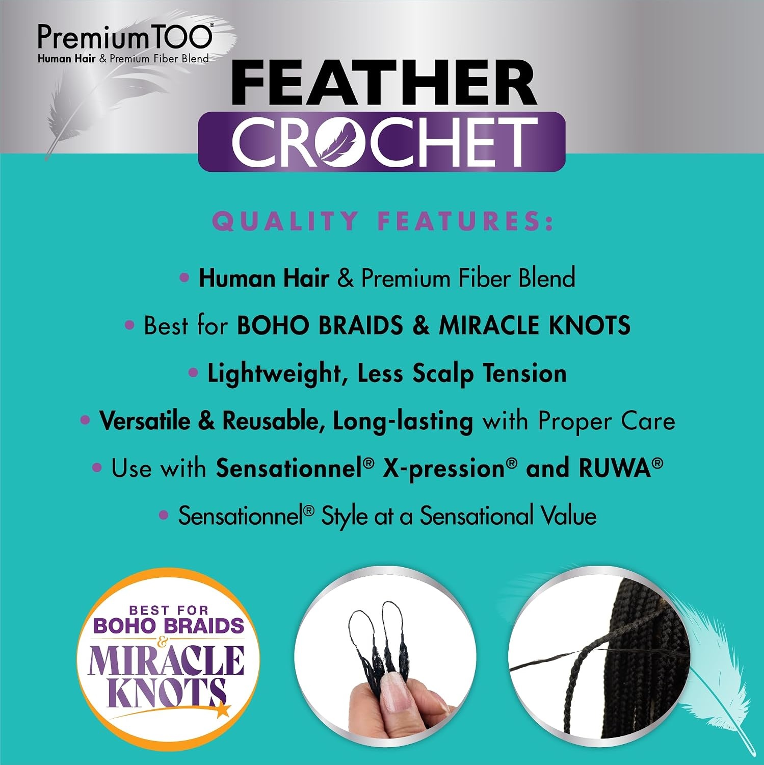 image:imageSensationnel PremiumToo Feather Crochet BraidsBohemian14in 1 JETBLACK Braiding hairHuman Hair Blend for Boho braids for Miracle knots PreSeparated Strands Easy Install 50 Strands30 LIGHTAUBURN