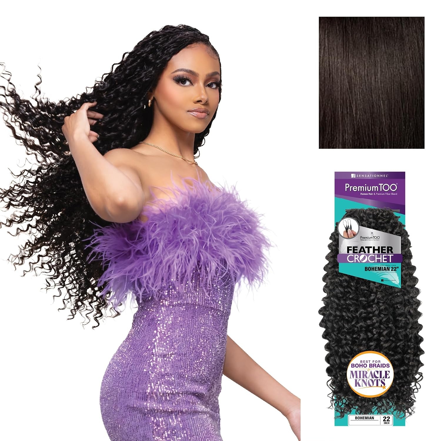 image:imageSensationnel PremiumToo Feather Crochet BraidsBohemian14in 1 JETBLACK Braiding hairHuman Hair Blend for Boho braids for Miracle knots PreSeparated Strands Easy Install 50 Strands2 DARKBROWN