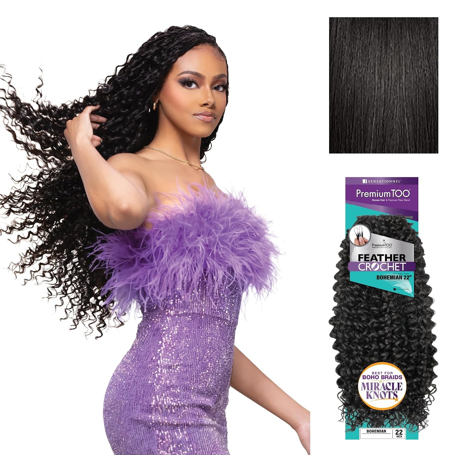 image:imageSensationnel PremiumToo Feather Crochet BraidsBohemian14in 1 JETBLACK Braiding hairHuman Hair Blend for Boho braids for Miracle knots PreSeparated Strands Easy Install 50 Strands1B OFFBLACK