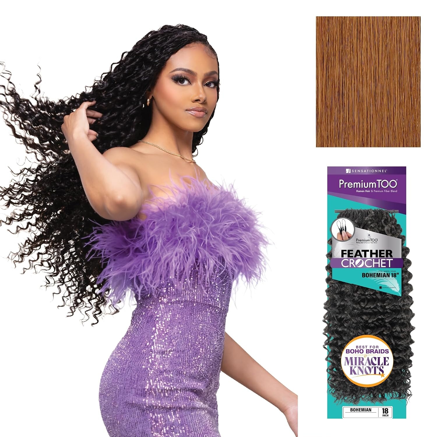 image:imageSensationnel PremiumToo Feather Crochet BraidsBohemian14in 1 JETBLACK Braiding hairHuman Hair Blend for Boho braids for Miracle knots PreSeparated Strands Easy Install 50 Strands30 LIGHTAUBURN