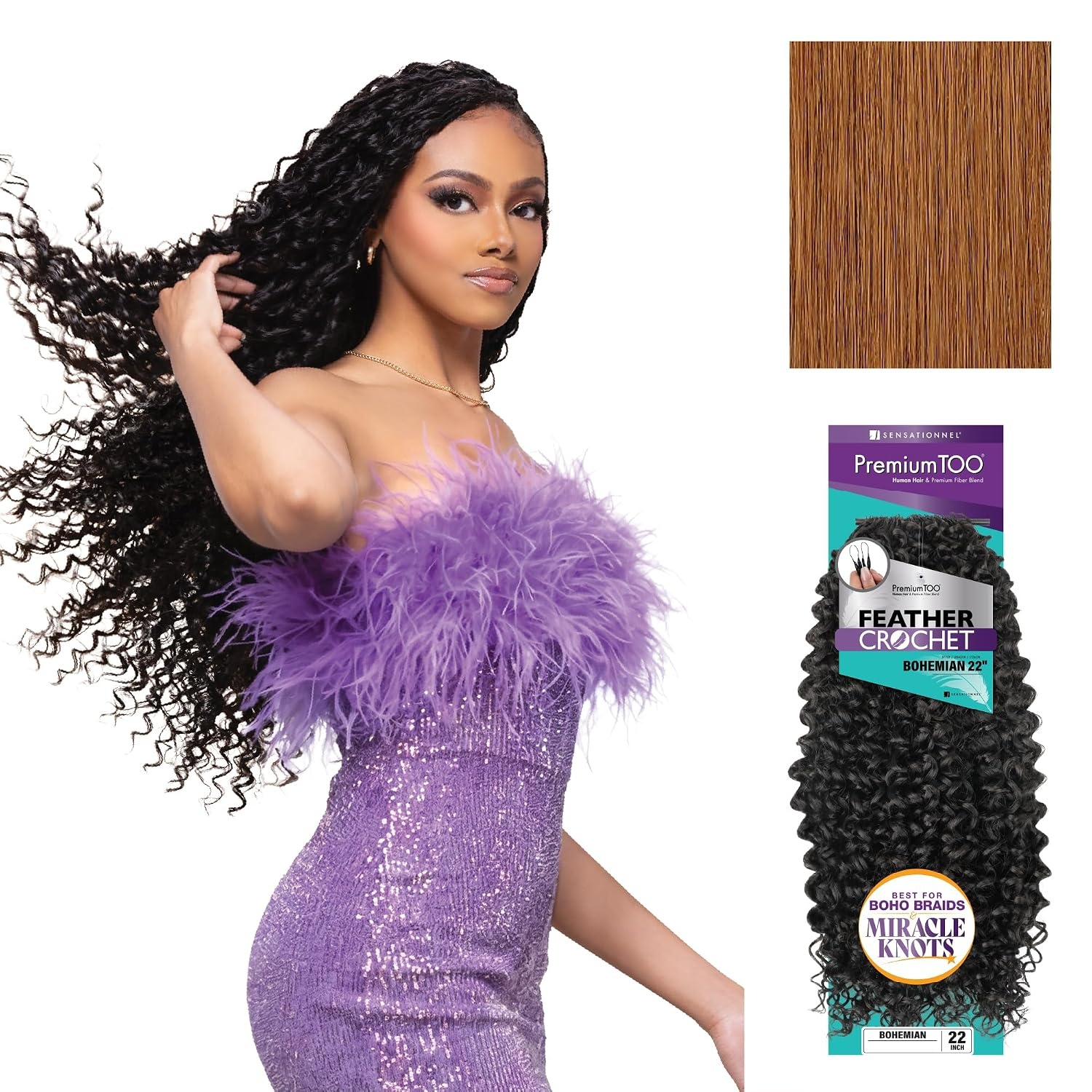 image:imageSensationnel PremiumToo Feather Crochet BraidsBohemian14in 1 JETBLACK Braiding hairHuman Hair Blend for Boho braids for Miracle knots PreSeparated Strands Easy Install 50 Strands30 LIGHTAUBURN