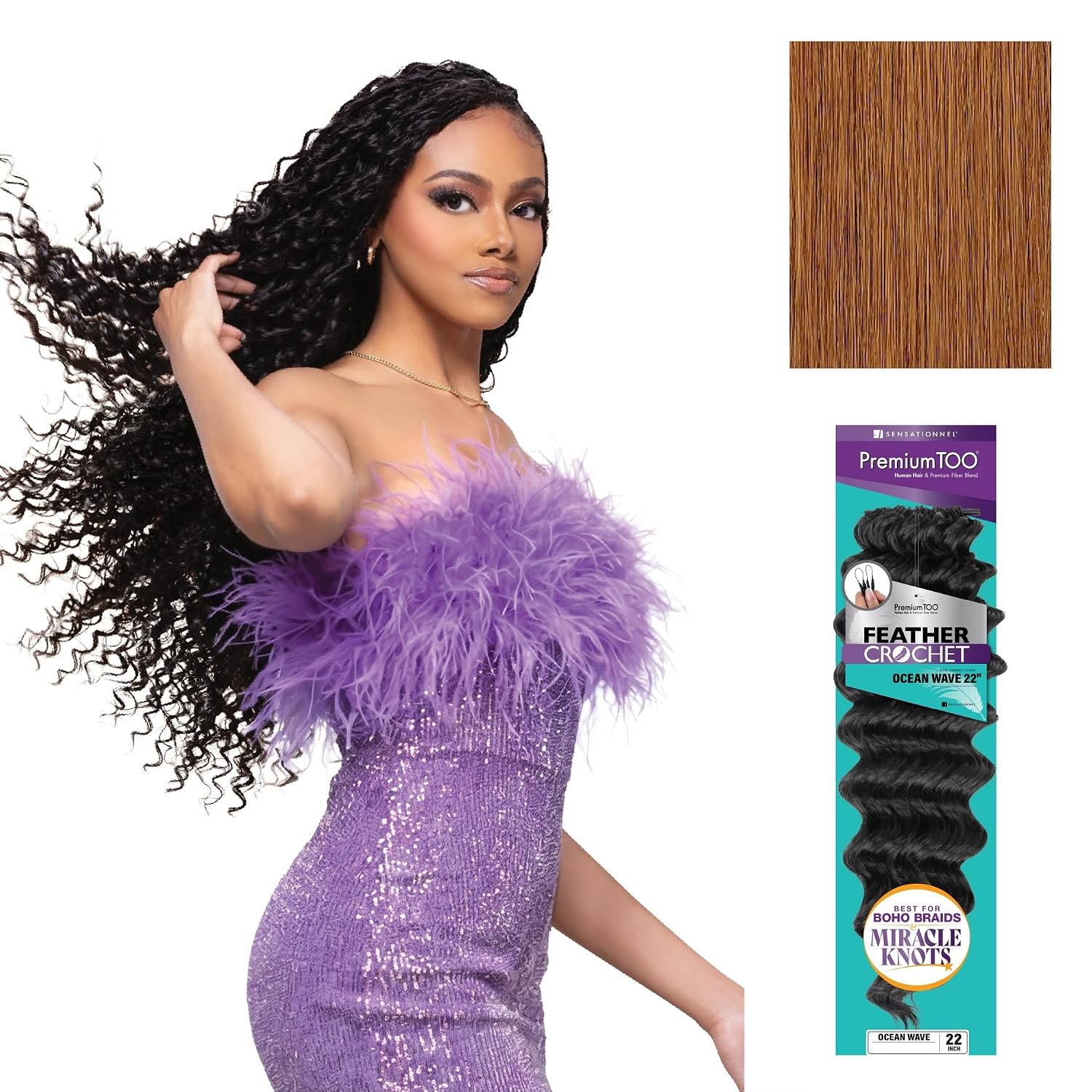 image:imageSensationnel PremiumToo Feather Crochet BraidsOcean Wave14in 1 JETBLACK Braiding hairHuman Hair Blend for Boho braids for Miracle knots PreSeparated Strands Easy Install 50 Strands30 LIGHTAUBURN