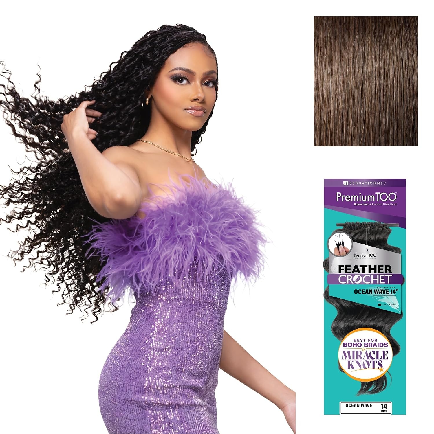 image:imageSensationnel PremiumToo Feather Crochet BraidsOcean Wave14in 1 JETBLACK Braiding hairHuman Hair Blend for Boho braids for Miracle knots PreSeparated Strands Easy Install 50 Strands4 MEDBROWN