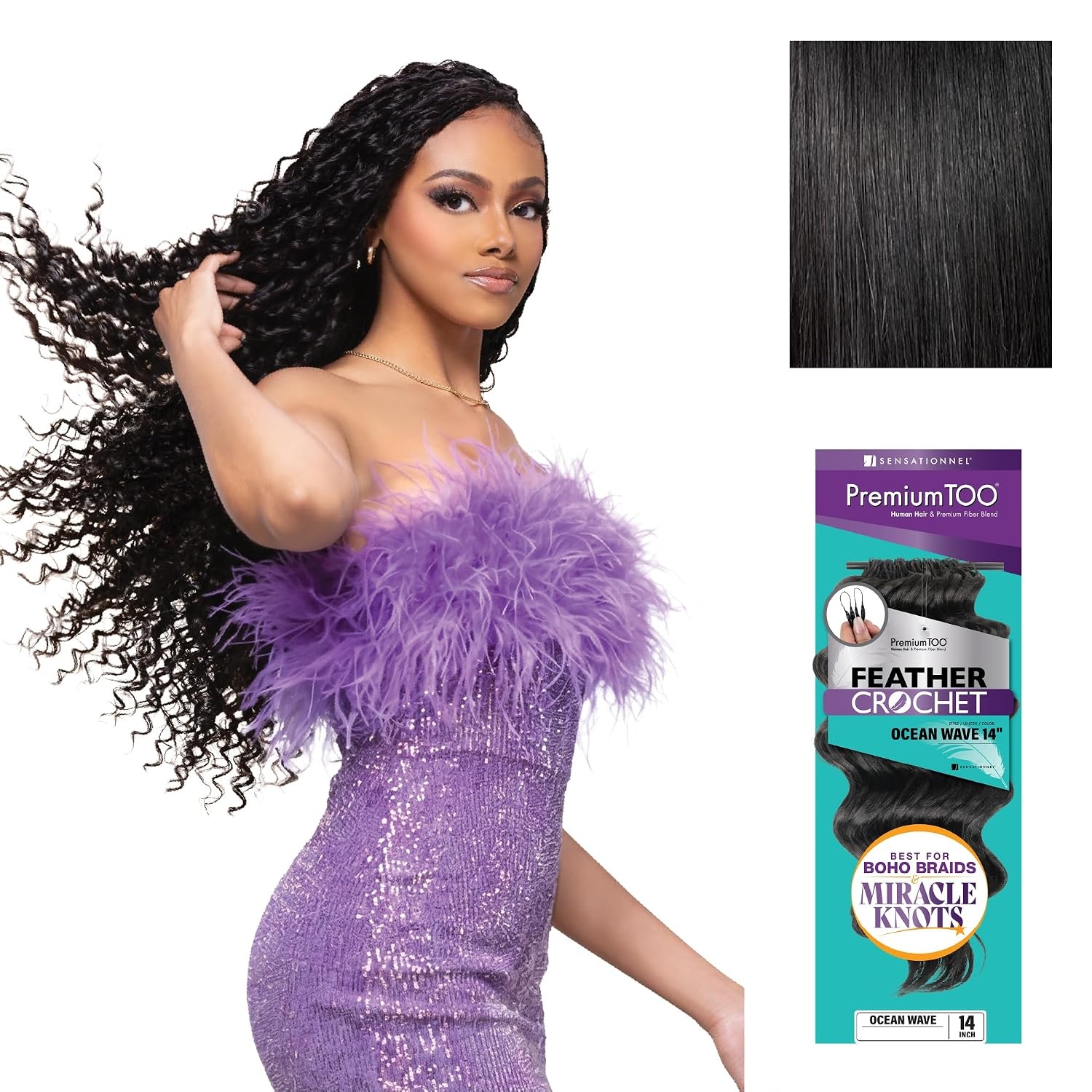 image:imageSensationnel PremiumToo Feather Crochet BraidsOcean Wave14in 1 JETBLACK Braiding hairHuman Hair Blend for Boho braids for Miracle knots PreSeparated Strands Easy Install 50 Strands1 JETBLACK