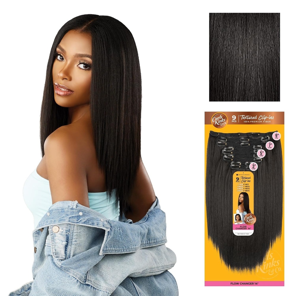 image:imageSensationnel Curls Kinksandco Clip inFlow Changer14 inch 1 JETBLACK Synthetic 9Piece ClipIn Set EasytoUse Clips Natural 3C4C Hair1B OFFBLACK
