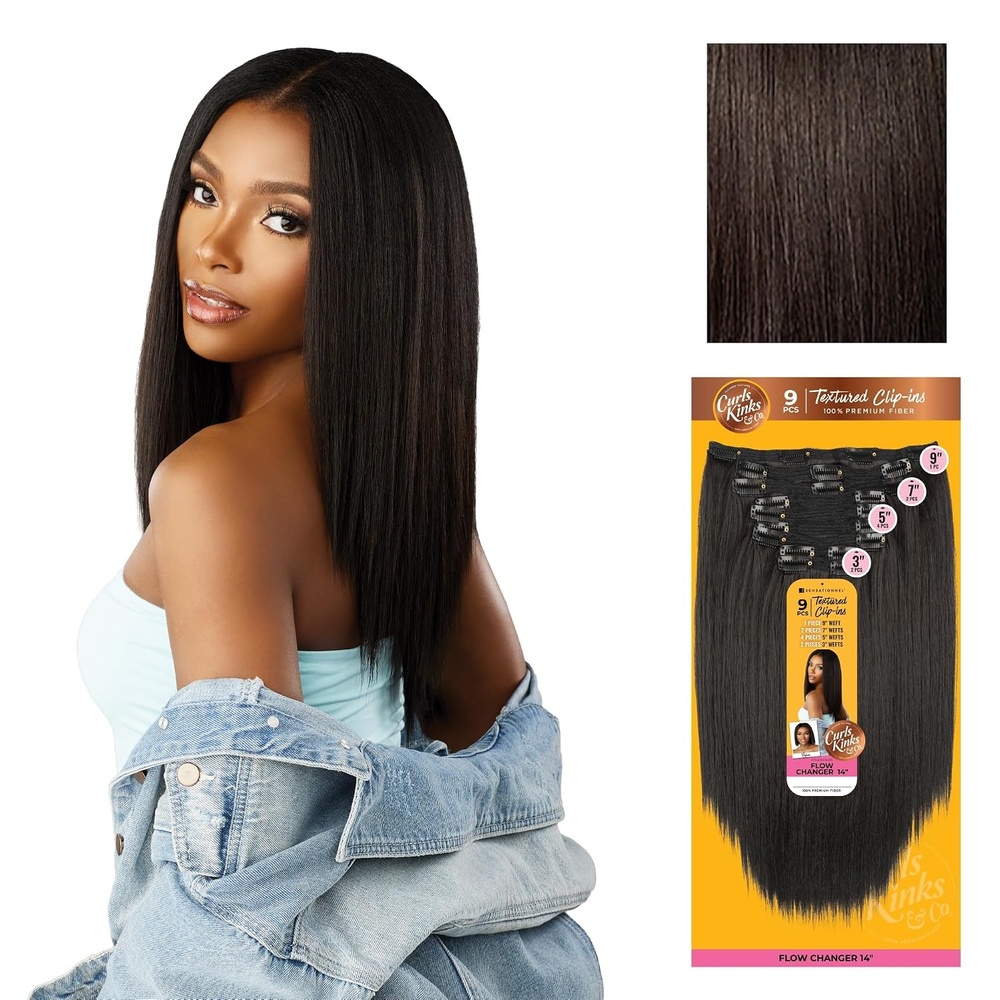 image:imageSensationnel Curls Kinksandco Clip inFlow Changer14 inch 1 JETBLACK Synthetic 9Piece ClipIn Set EasytoUse Clips Natural 3C4C Hair2 DARKBROWN