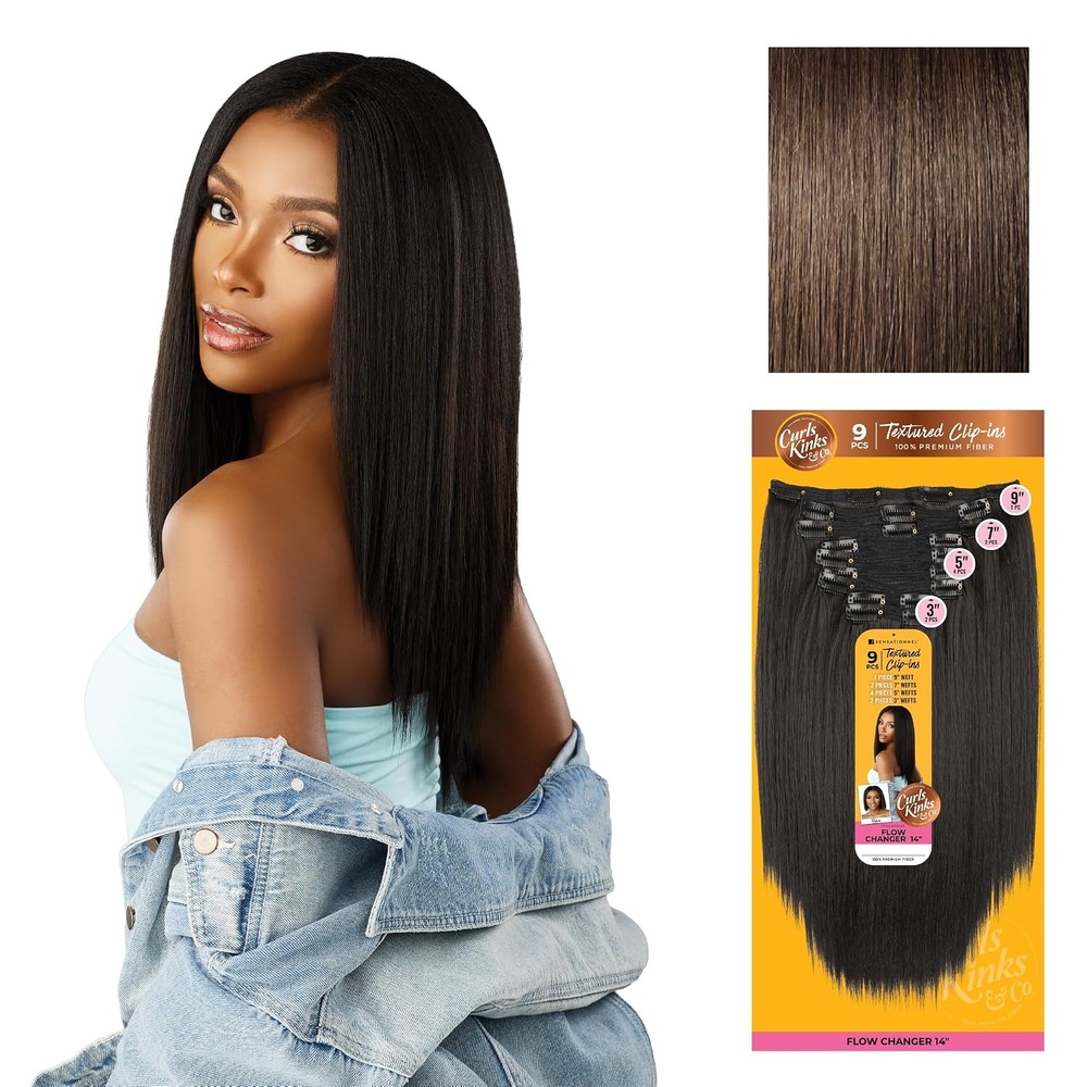 image:imageSensationnel Curls Kinksandco Clip inFlow Changer14 inch 1 JETBLACK Synthetic 9Piece ClipIn Set EasytoUse Clips Natural 3C4C Hair4 MEDBROWN
