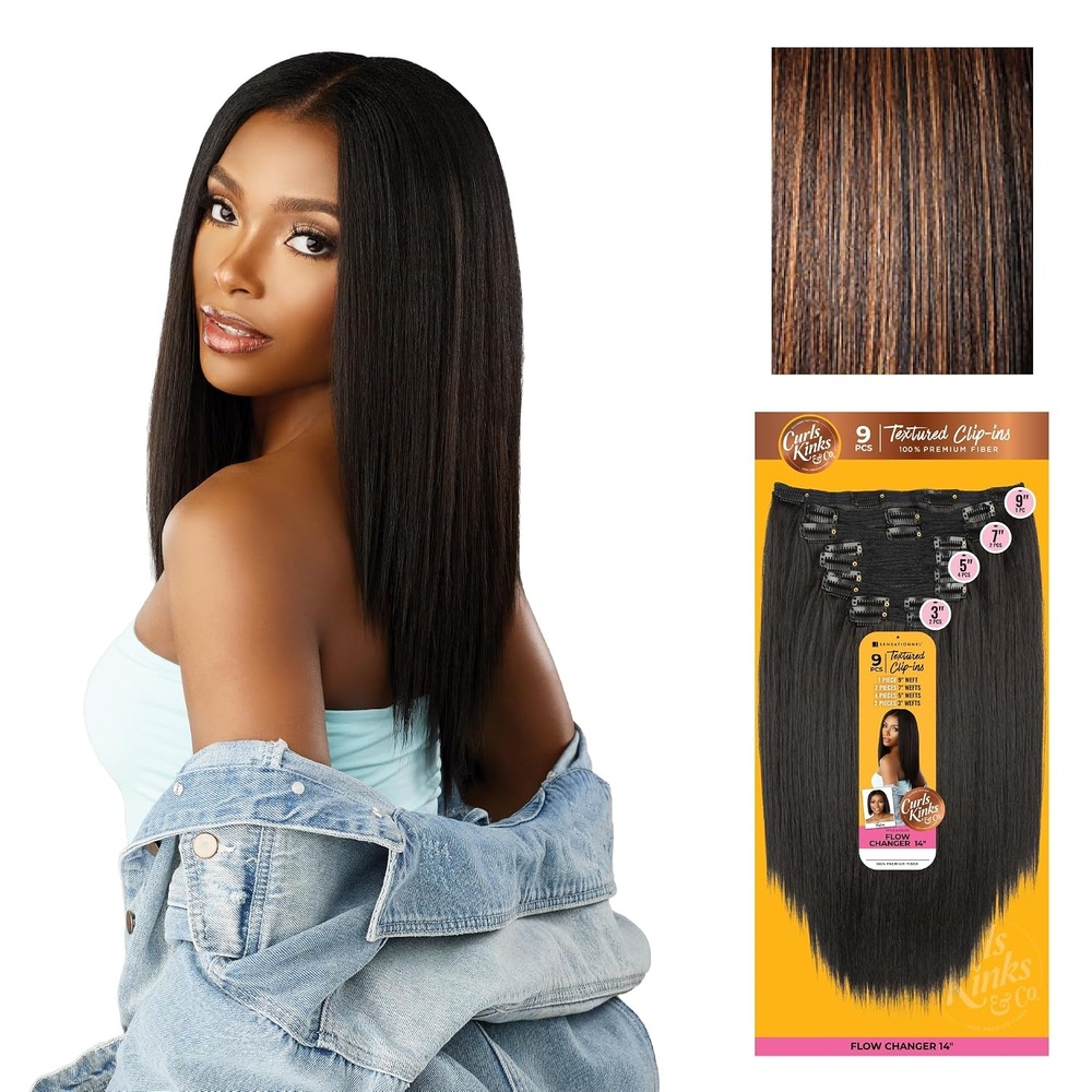 image:imageSensationnel Curls Kinksandco Clip inFlow Changer14 inch 1 JETBLACK Synthetic 9Piece ClipIn Set EasytoUse Clips Natural 3C4C HairS1B30
