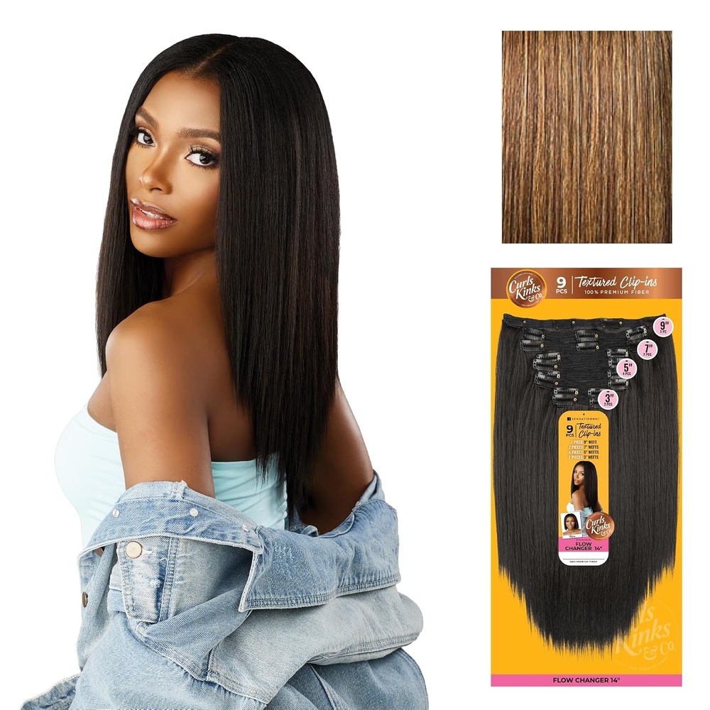 image:imageSensationnel Curls Kinksandco Clip inFlow Changer14 inch 1 JETBLACK Synthetic 9Piece ClipIn Set EasytoUse Clips Natural 3C4C HairS427
