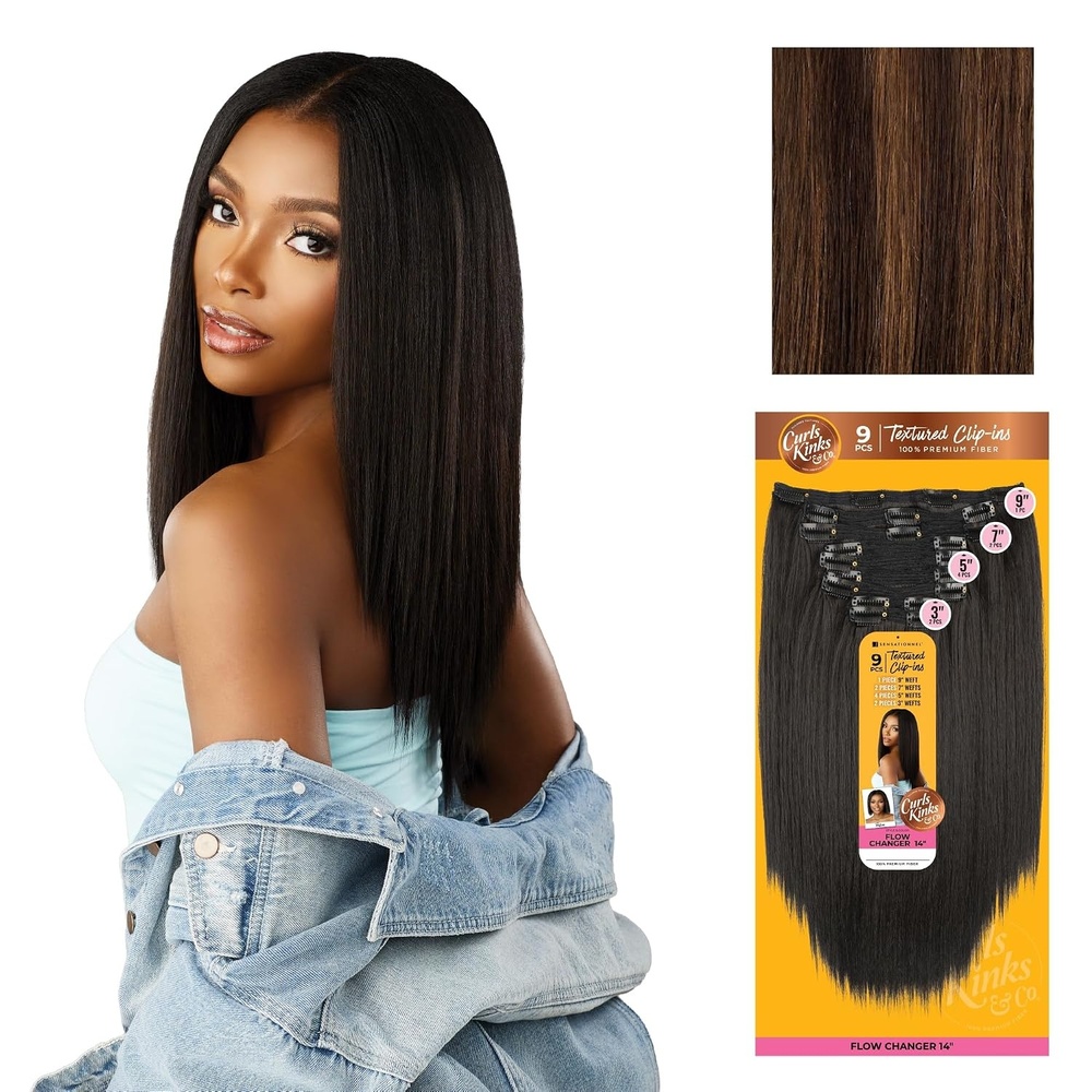 image:imageSensationnel Curls Kinksandco Clip inFlow Changer14 inch 1 JETBLACK Synthetic 9Piece ClipIn Set EasytoUse Clips Natural 3C4C HairS430
