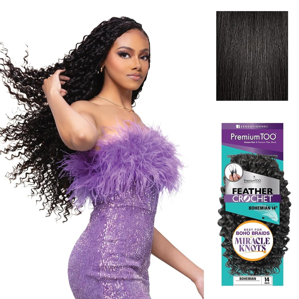 image:imageSensationnel PremiumToo Feather Crochet BraidsBohemian14in 1 JETBLACK Braiding hairHuman Hair Blend for Boho braids for Miracle knots PreSeparated Strands Easy Install 50 Strands1B OFFBLACK