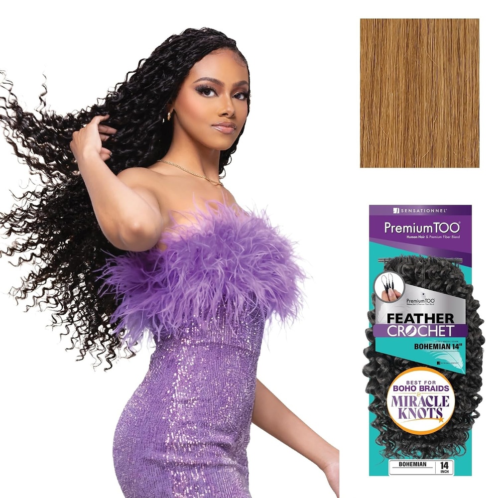 image:imageSensationnel PremiumToo Feather Crochet BraidsBohemian14in 1 JETBLACK Braiding hairHuman Hair Blend for Boho braids for Miracle knots PreSeparated Strands Easy Install 50 Strands27 HONEYBLONDE