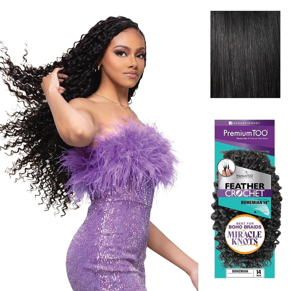 image:imageSensationnel PremiumToo Feather Crochet BraidsBohemian14in 1 JETBLACK Braiding hairHuman Hair Blend for Boho braids for Miracle knots PreSeparated Strands Easy Install 50 Strands1 JETBLACK