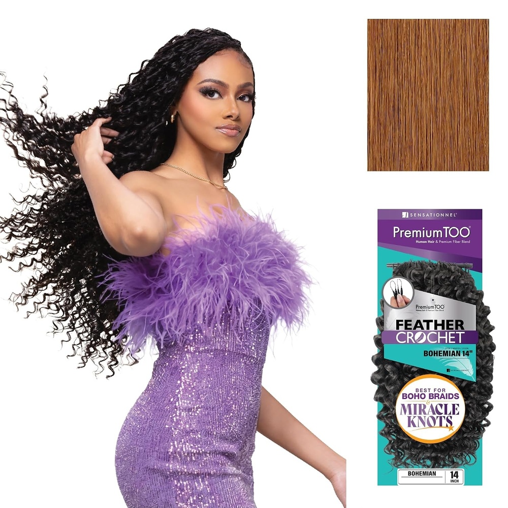 image:imageSensationnel PremiumToo Feather Crochet BraidsBohemian14in 1 JETBLACK Braiding hairHuman Hair Blend for Boho braids for Miracle knots PreSeparated Strands Easy Install 50 Strands30 LIGHTAUBURN